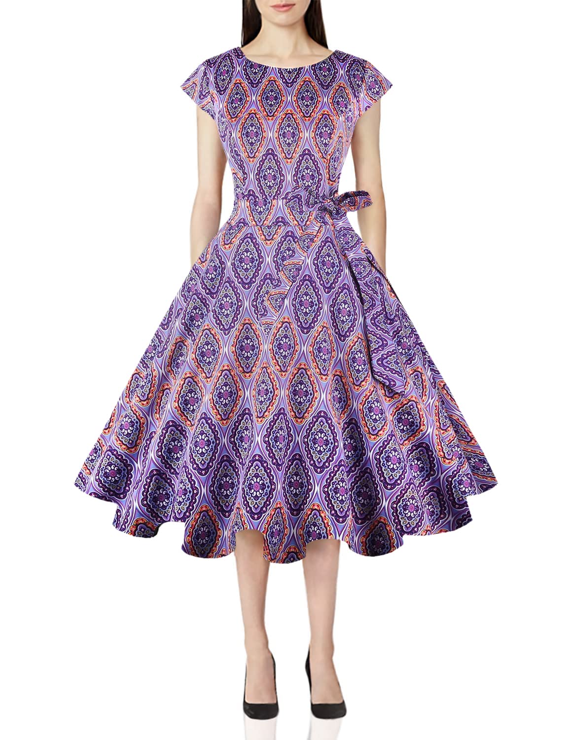 PUKAVT Women's 1950 Boatneck Cap Sleeve Vintage Swing Cocktail Party Dress with Pockets