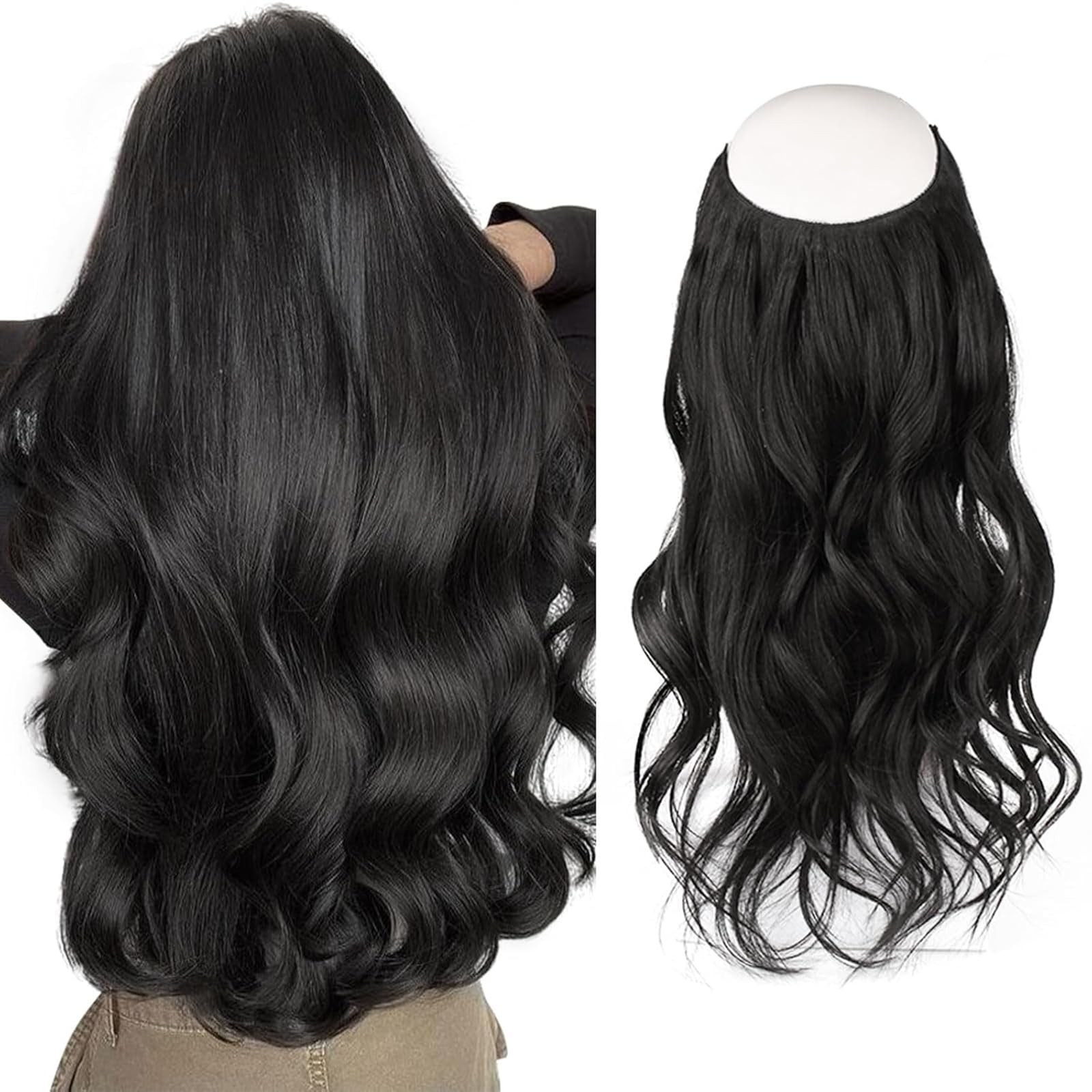 Sassina Invisible Wire Hair Extensions Real Human Hair with Transparent Wire Adjustable Size Secure Clips Natural Straight Secret Miracle Hairpiece, #1 Jet Black 12 Inch 70 Gram