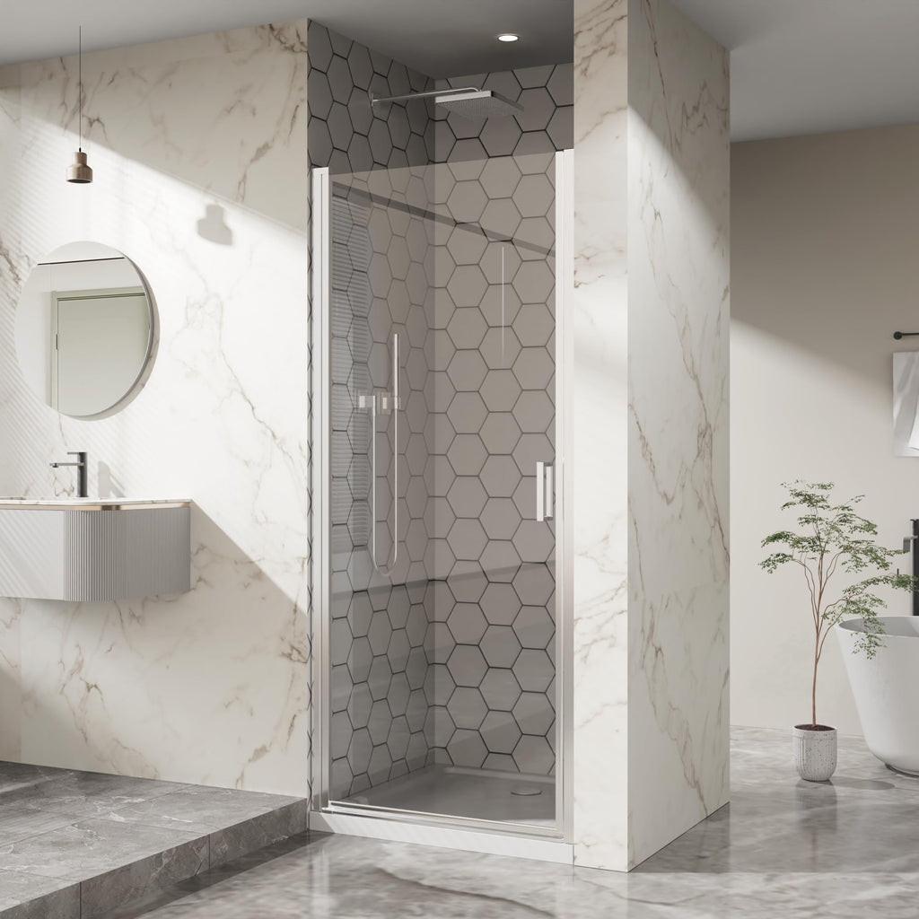 28” x 72” Pivot Shower Door, 1/4 inch Tempered Glass Panel Pivot Swing Shower Door in Matte Black Finish, Semi-Frameless Design