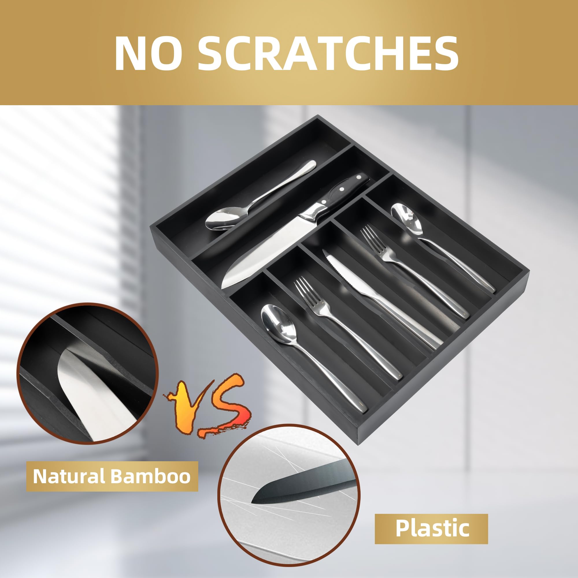 Acacia 4 Slot Silverware Drawer Organizer - Cutlery Holder with Flatware Tray