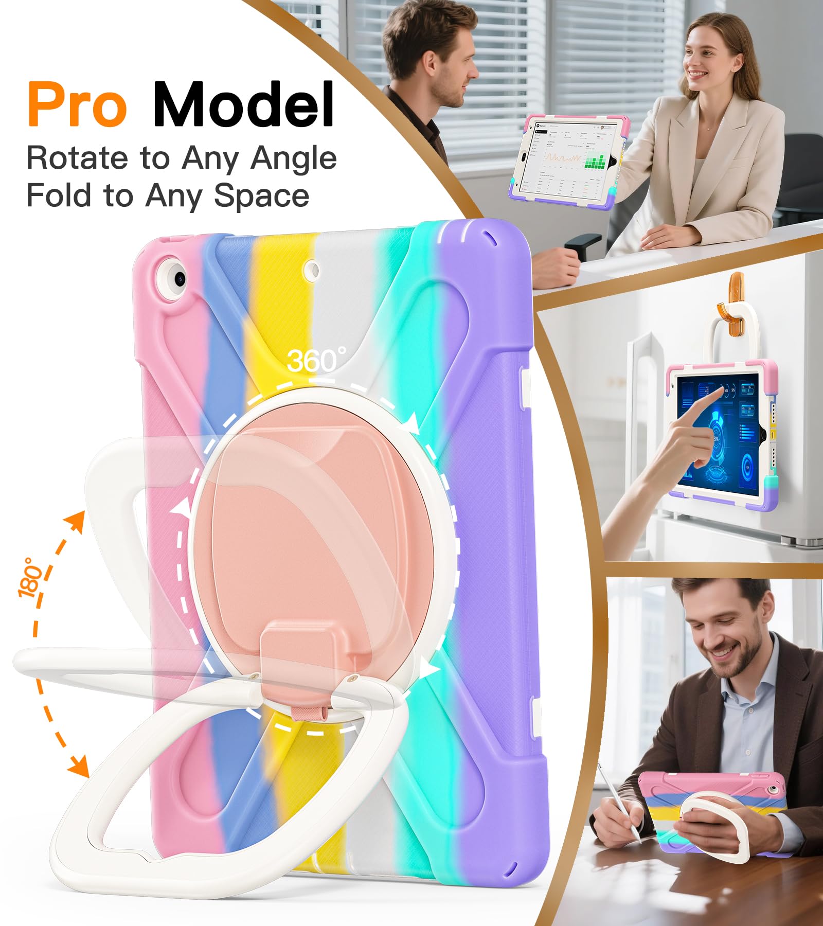 BATYUE for iPad 9th/ 8th/ 7th Generation Case (iPad 10.2 inch Rugged Case 2021/2020/2019) with Screen Protector, Rotating Stand/Pencil Holder/Carrying Shoulder Strap (Colourful Pink)