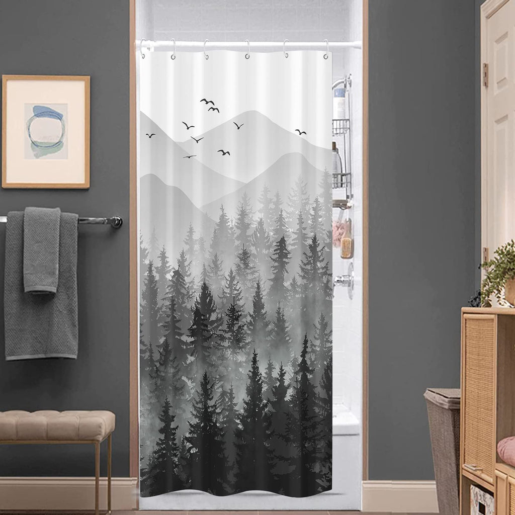 Stall Small Black and White Misty Forest Shower Curtain Ombre Gray Grey Mountain Pine Tree Waterproof Fabric Shower Curtains for Bathroom Nature Woodland Decorative Bath Curtain Decor 36×72 Inches