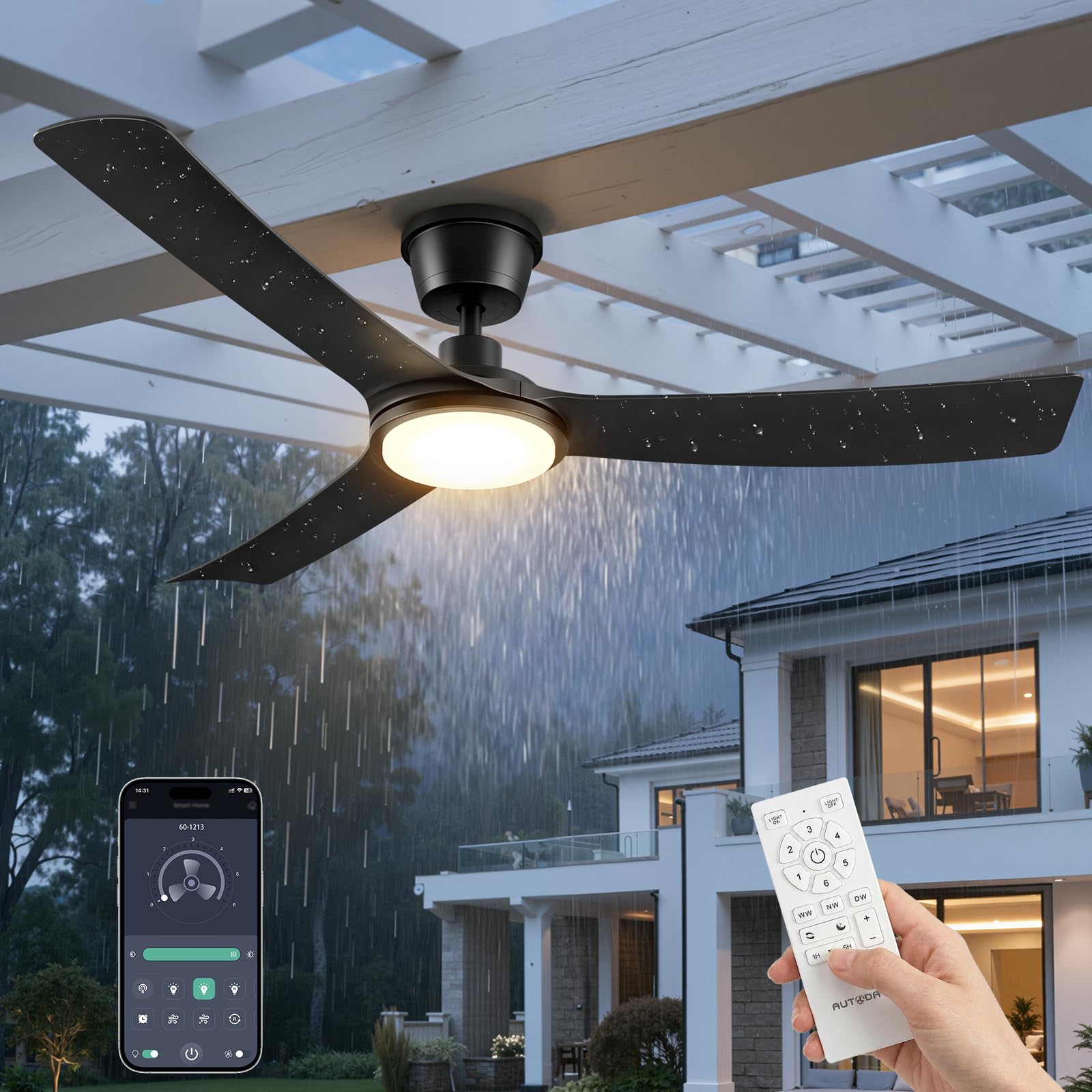 42 Inch Low Profile Ceiling Fan with Light, White Ceiling Fans with Lights and Remote, Flush Mount, 6 Speeds Reversible Quiet DC, 3CCT Dimmable, Indoor Outdoor Ceiling Fans for Patios Bedroom