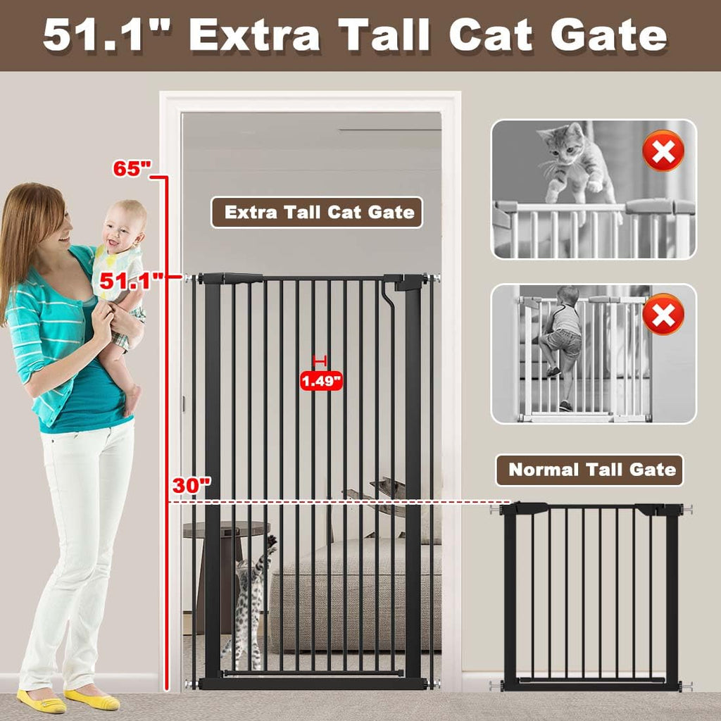 Fairy Baby 51.1" Extra Tall Pet Gate, 29.5"-32.6" Adjustable Width Auto Close Encrypted Tall Dog Gate, Cat Proof Metal Gate Indoor for Doorway Hallways, Pressure Mounted Child Safety Gates, Black