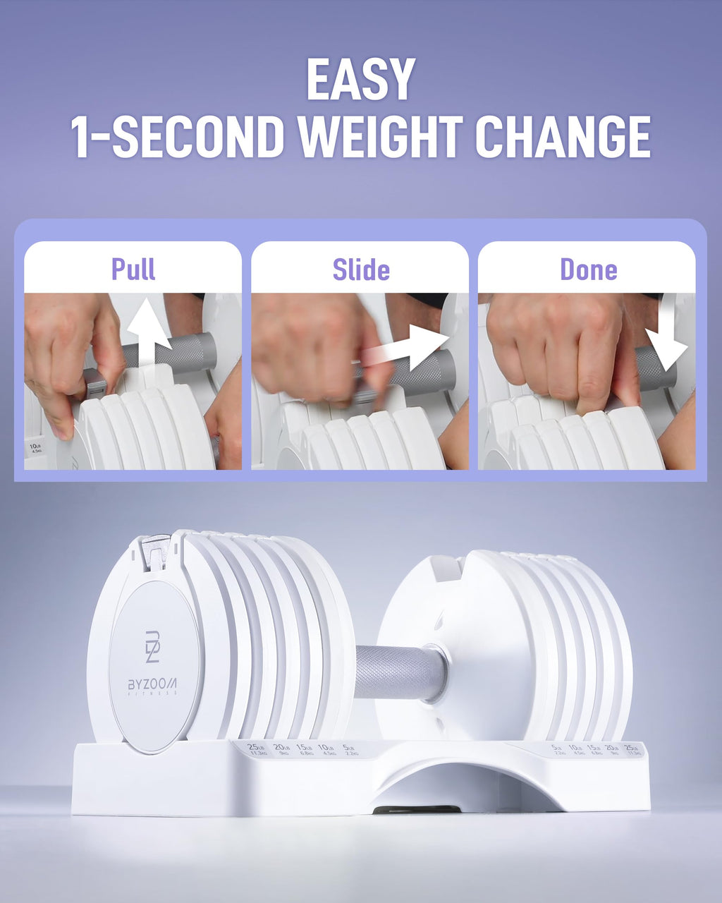 BYZOOM FITNESS Pure Series Adjustable Dumbbell - 12.5/25/27.5/50/55/75lb - ONE UNIT OR PAIR(check QTY before purchase) - 5-in-1/ 10-in-1 / 15-in-1 / 21-in-1 Flexible Hand Weights for Home Apartment Garage Gym, Strength Training & Fitness Workouts, White O