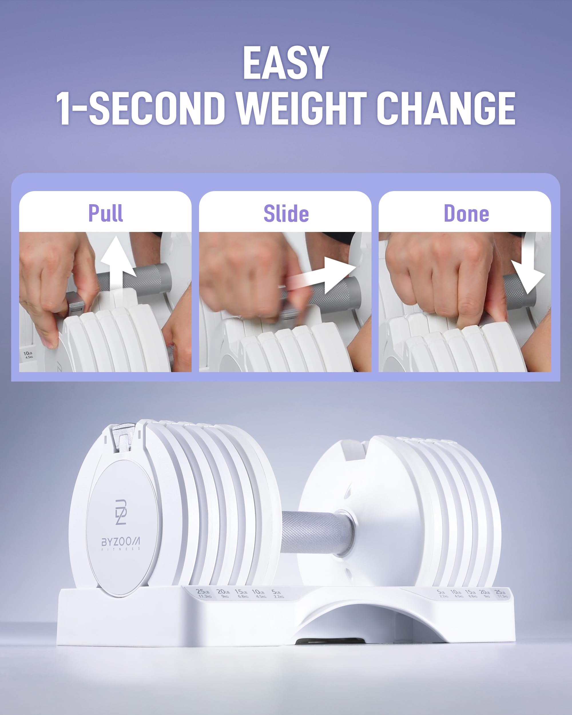 BYZOOM FITNESS Pure Series Adjustable Dumbbell - 12.5/25/27.5/50/55/75lb - ONE UNIT OR PAIR(check QTY before purchase) - 5-in-1/ 10-in-1 / 15-in-1 / 21-in-1 Flexible Hand Weights for Home Apartment Garage Gym, Strength Training & Fitness Workouts, White O