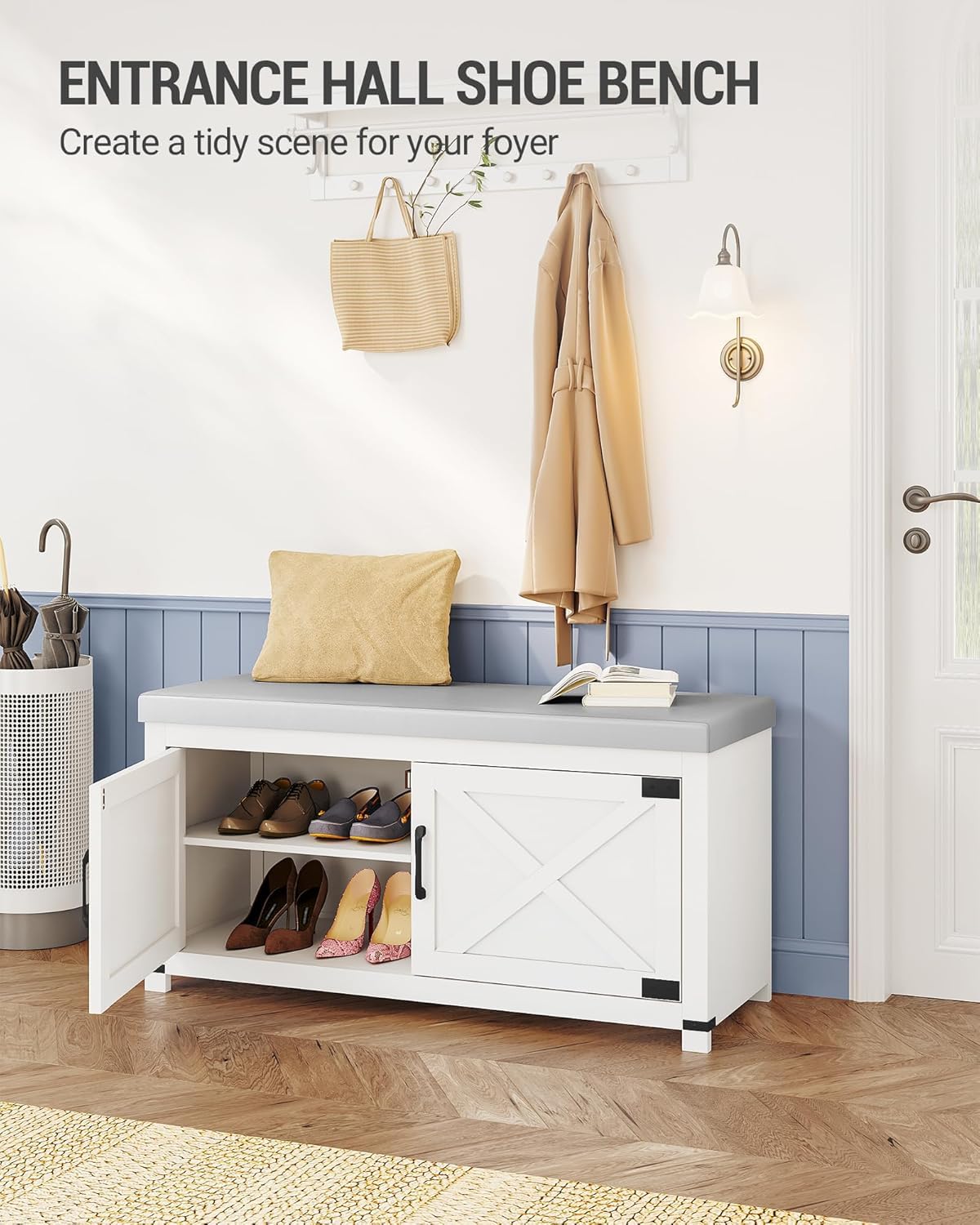 Hzuaneri Shoe Storage Bench, 2 Tier Shoe Bench with Padded Seat Cushion & 2 Barn Doors, Entryway Bench with Adjustable Shelf, Farmhouse Shoe Cabinet for Living Room, Bedroom, Antique White SB26214KA