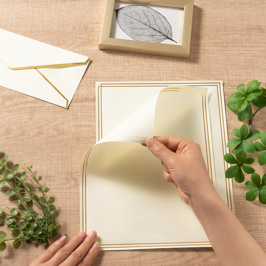 50 Pack Stationery Set with Envelopes, Cream Color, 8.5x11 Inches | Gold Border, #10 Business Envelopes and 8.5x11 Paper Sheets, Stickers for Letter Writing, Invitations