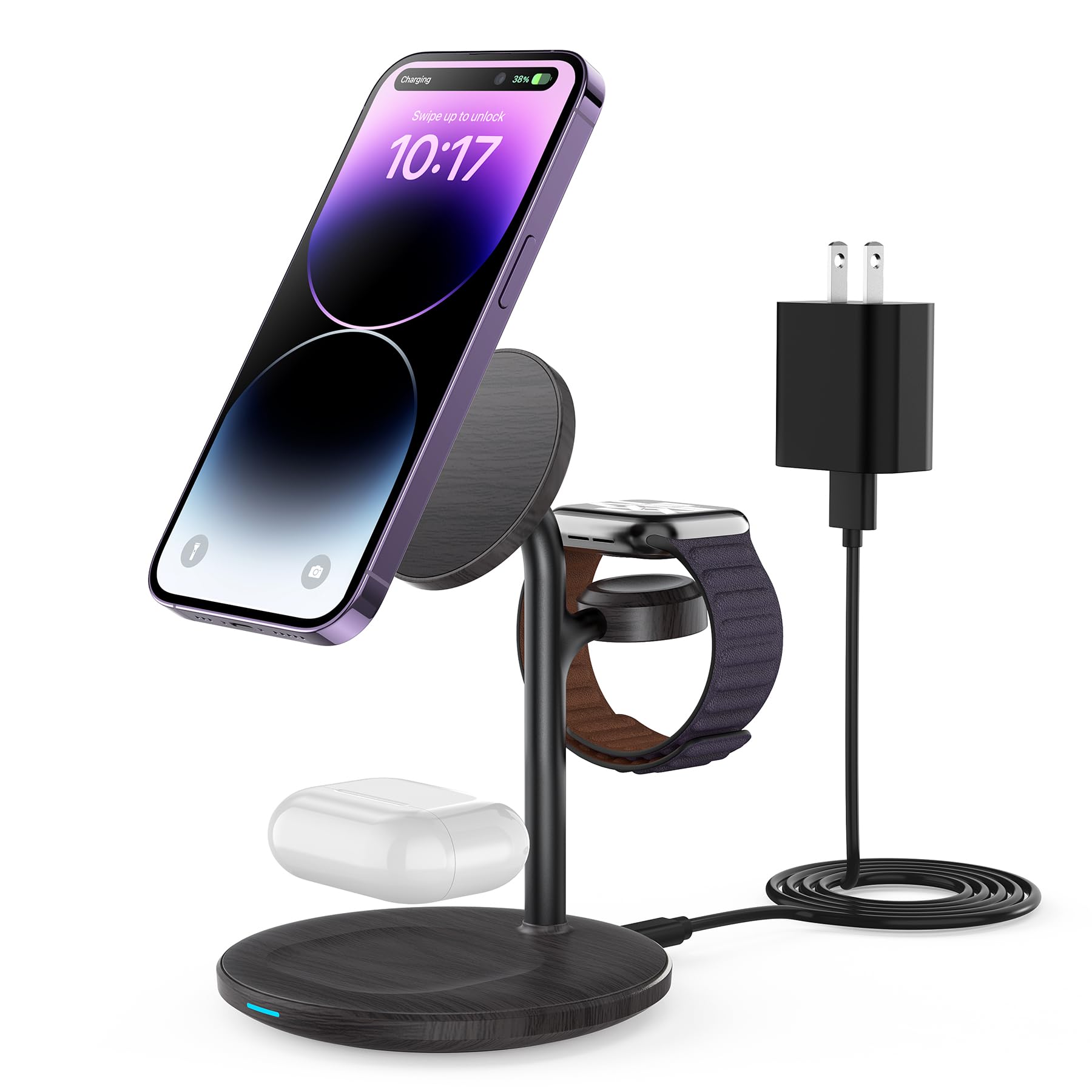 XooFly 3 in 1 Wireless Charging Station for Apple Devices, Fast Wireless Mag-Safe Charger Stand with 20W Adapter for iPhone 17/16 15 14 13 12 Pro Max/Pro/Plus/Air/Mini, iWatch, AirPods (Black)