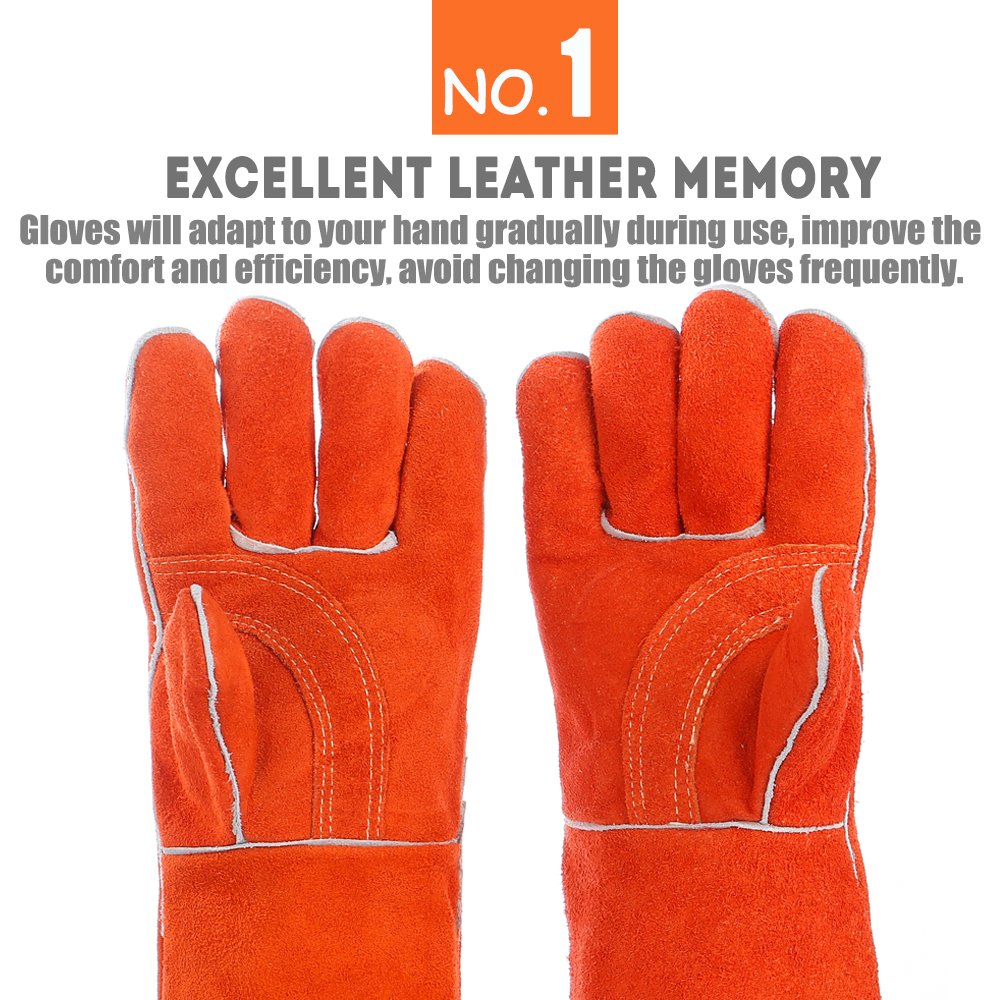 QeeLink Welding Gloves - Heat Resistant Leather and Fireproof Stitching for Fireplace Fire Pit Wood Stove BBQ Gardening Gear