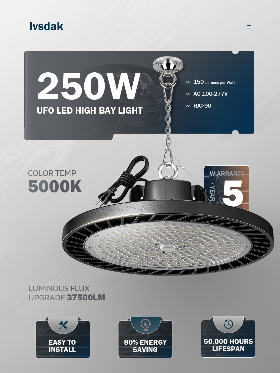 lvsdak UFO LED High Bay Lights 200W 30000LM 5000K 6 Pack with Plug Suitable for Warehouse Workshop Factory Gym Garage Barn AC100-277V