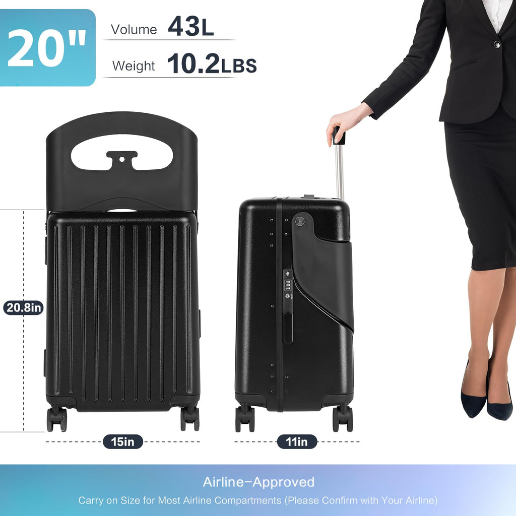 smilesun 20" Carry On Luggage with Seat For Kids & Adults，Hardside Ride On Suitcase Front Opening with 360°Spinner and TSA Lock For Travel (Black with Front Open, 20")