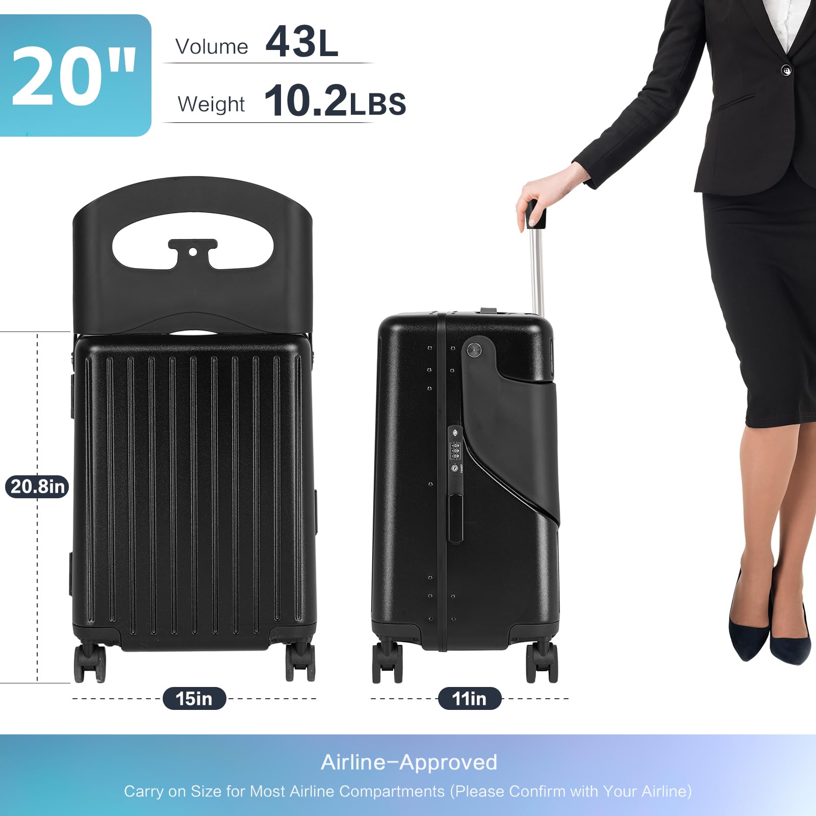 smilesun 20" Carry On Luggage with Seat For Kids & Adults，Hardside Ride On Suitcase Front Opening with 360°Spinner and TSA Lock For Travel (Black with Front Open, 20")