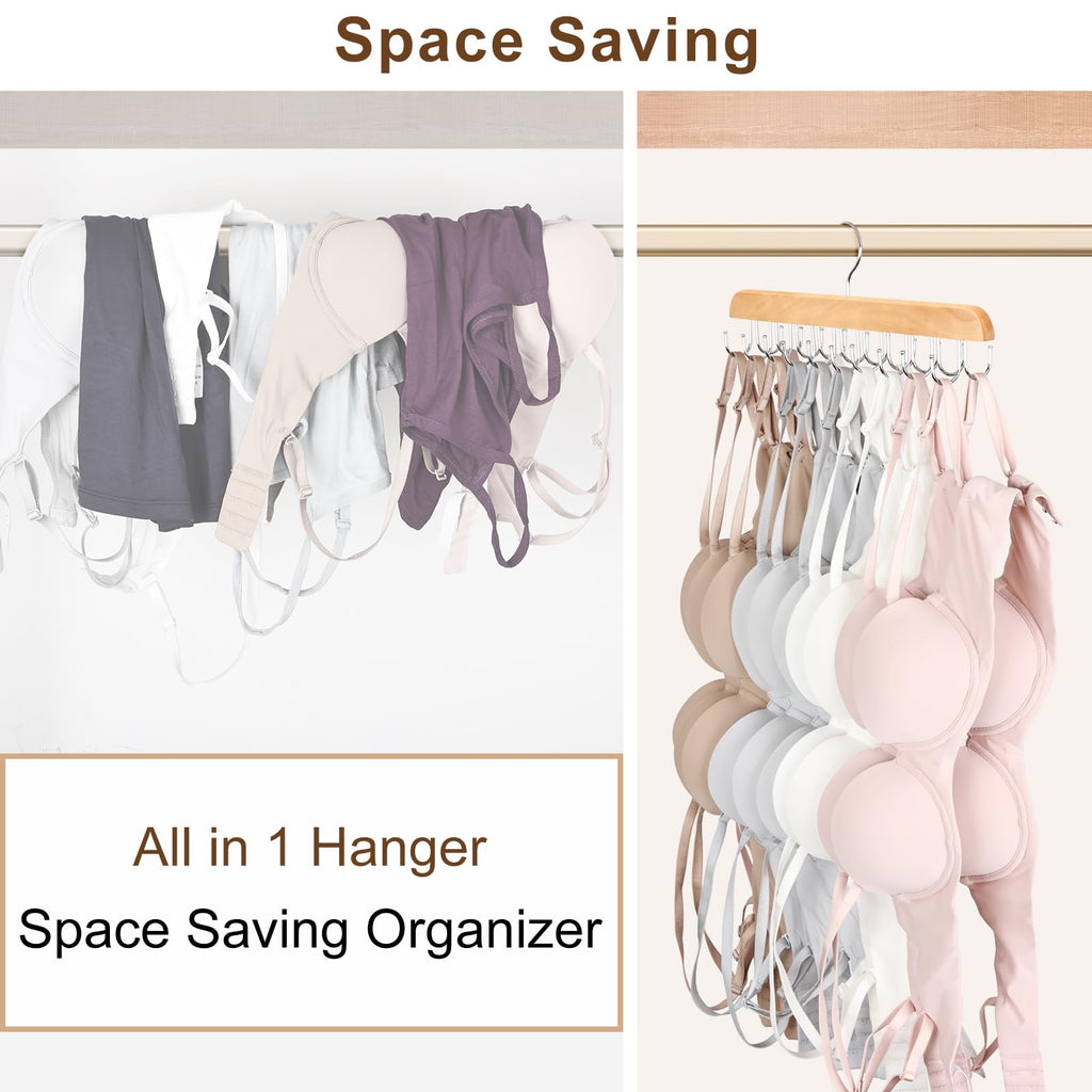 Bra Hanger for Closet, Tank Top Organizer 20 Hooks Capacity Foldable Wood Space Saving Hanger Closet Organizers and Storage for Dorm & Apartment for Tank Top, Hats, Scarf etc.