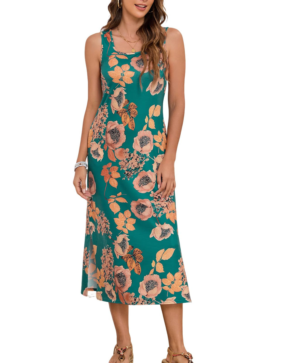 Naggoo Women's Sleevelee Tank Dress Midi Summer Casual Scoop Neck Basic Split Maxi Tshirt Sundresses with Pockets