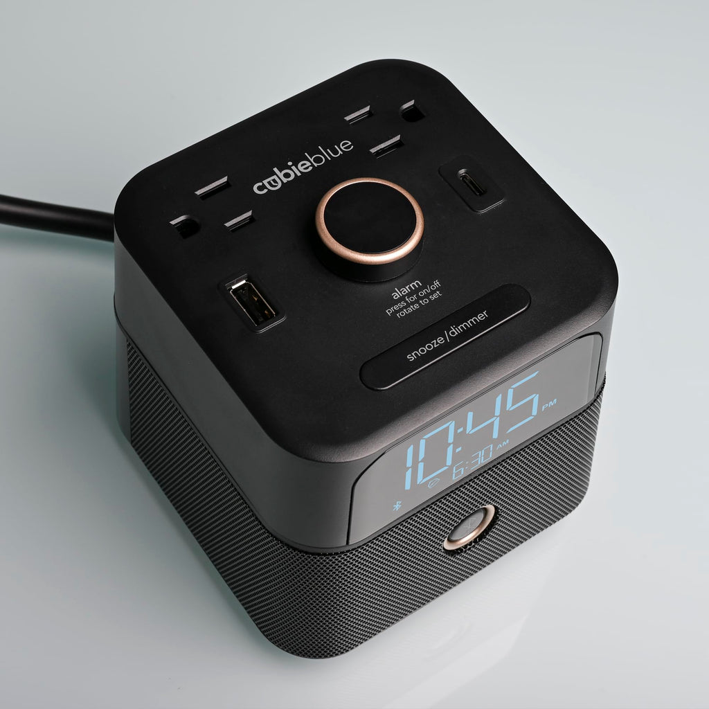 Brandstand | CubieBlue | User Friendly & Convenient Alarm Clock Charger | 2 USB Ports | 2 Tamper Resistant Sockets | Brandstand Bluetooth Speaker
