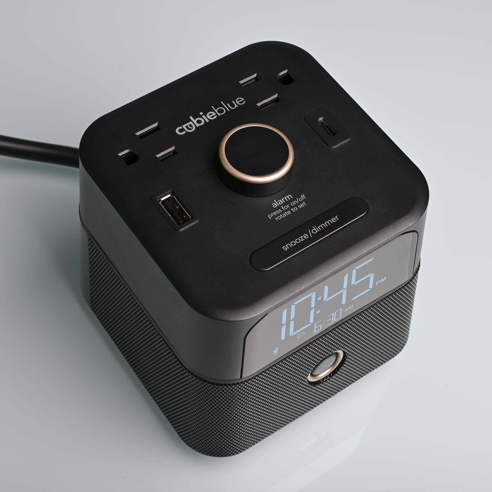 Brandstand | CubieBlue | User Friendly & Convenient Alarm Clock Charger | 2 USB Ports | 2 Tamper Resistant Sockets | Brandstand Bluetooth Speaker
