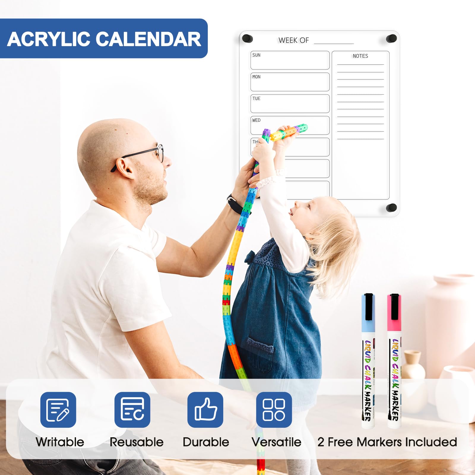 Acrylic Calendar for Wall Whiteboard, 12" x 12" Weekly Clear Dry Erase Board, Small Planning Board White Board for Wall, Home, Office, School