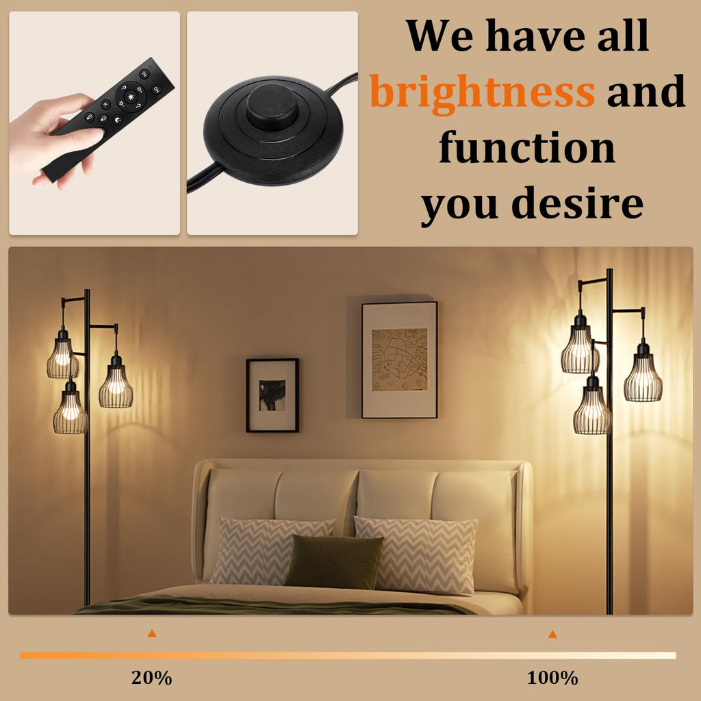 Ziisee Dimmable Floor Lamps for Living Room, Industrial Tree Standing Tall Lamps with 3 Elegant Cage Shade & 800 Lumens LED Bulbs for Bedroom Office - Brown
