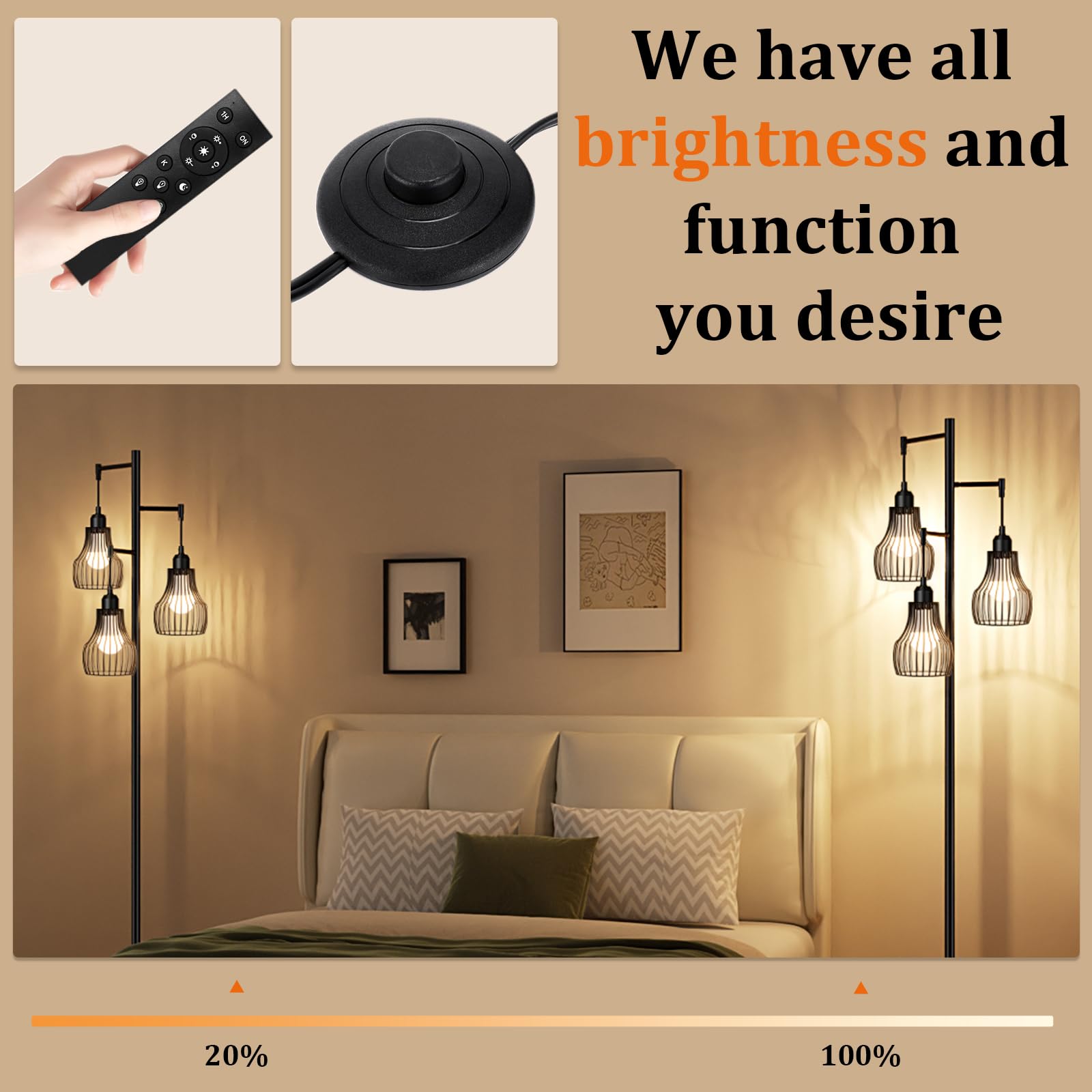 Ziisee Dimmable Floor Lamps for Living Room, Industrial Tree Standing Tall Lamps with 3 Elegant Cage Shade & 800 Lumens LED Bulbs for Bedroom Office - Brown