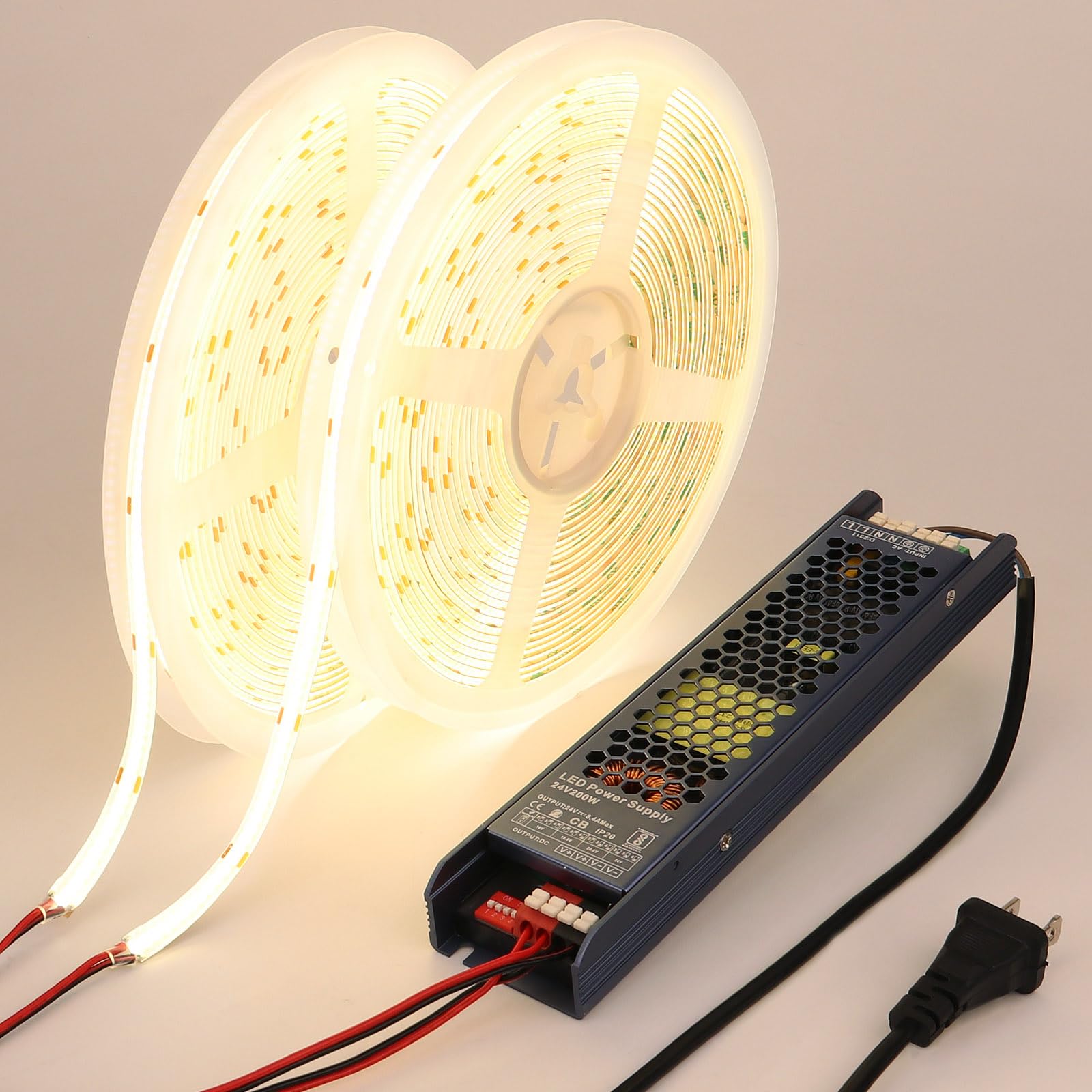 BENLUN 24V COB LED Strip Light 65.6ft (2 Rolls of 32.8ft) Kit, 3000K Warm White Cuttable 11W/M 312LEDs/M CRI 93 LED Tape Lights with Power Supply for Bedroom Kitchen Living Room Ceiling