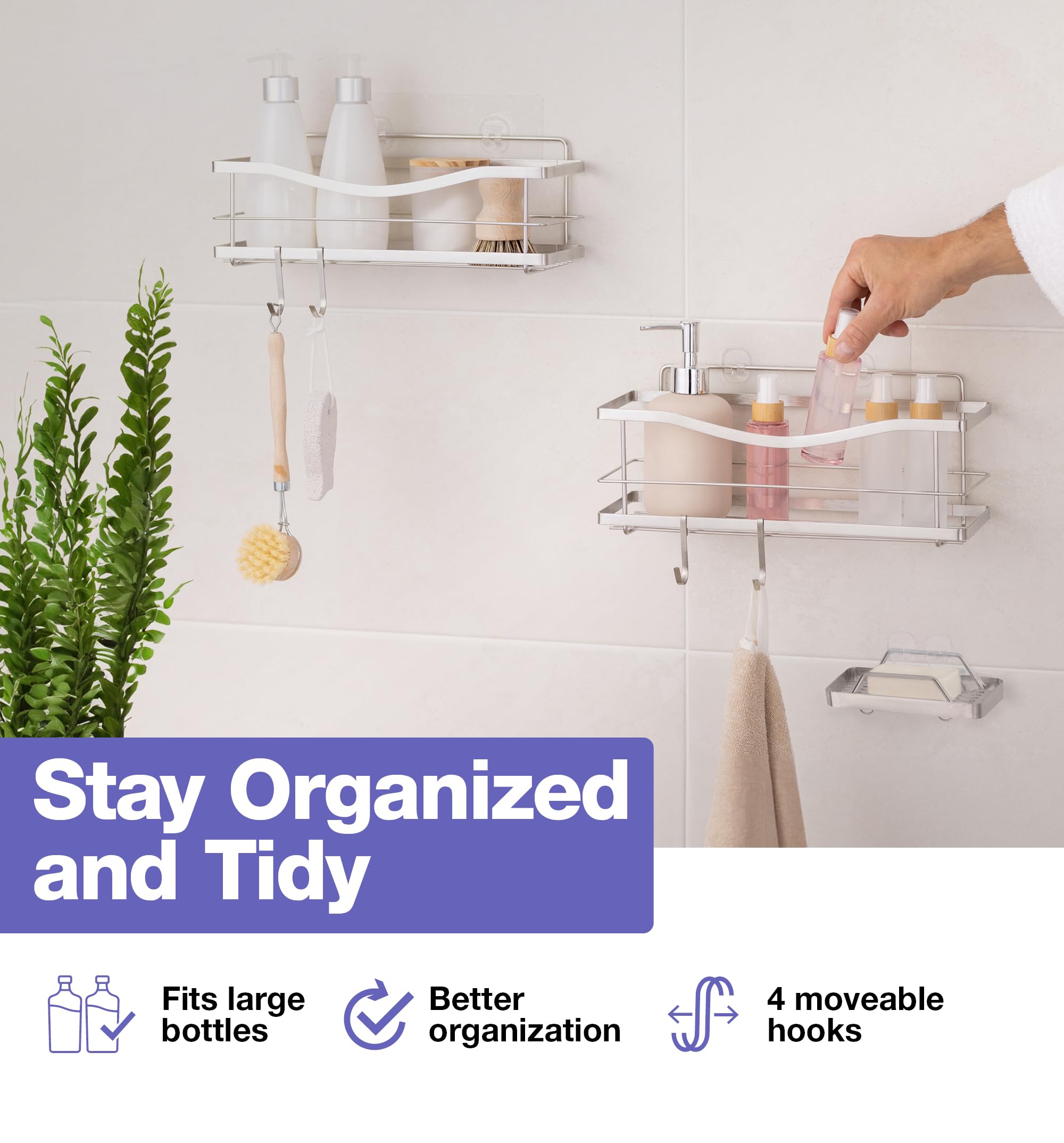 KINCMAX Premium Shower Caddy, Self Adhesive Shower Organizer w/ 4 Hooks, No Drill Shelves for Inside Shower, Rustproof Stainless Steel Shower Rack for Bathroom, Matte Black