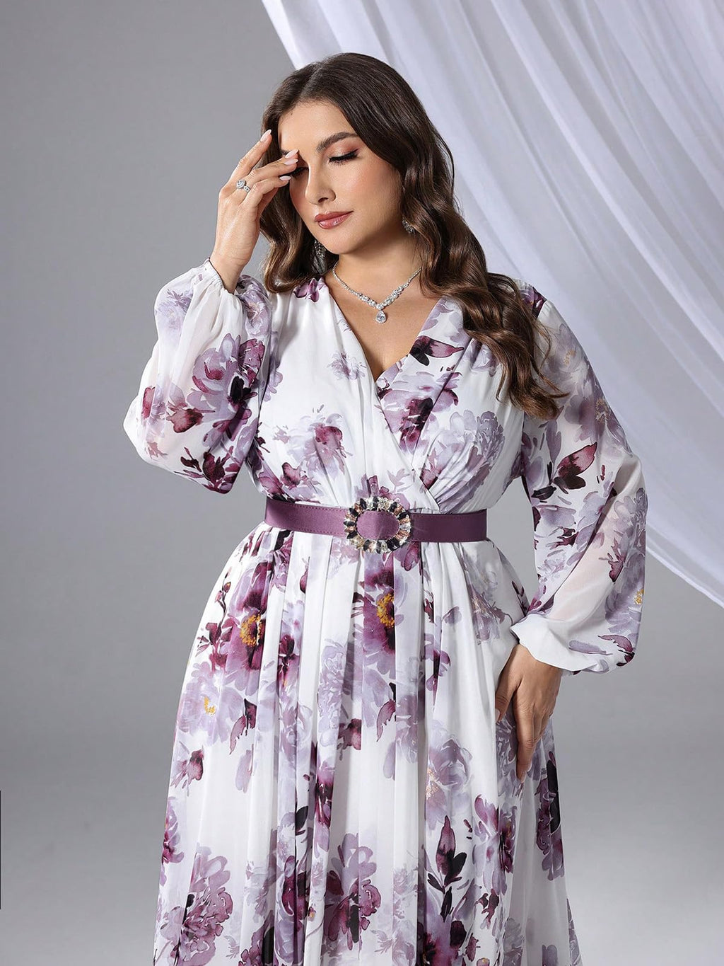 Spring Summer 2024 Plus Size Womens Dresses V Neck Casual Elegant Long Sleeve Floral Print Maxi Dress