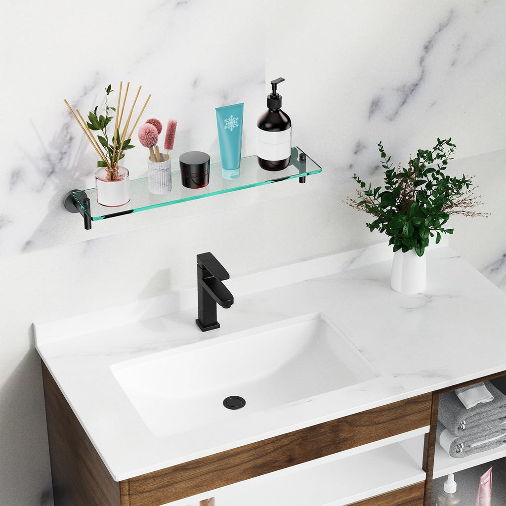 Glass Bathroom Shelves,Brushed Gold Floating Shelves for Wall Rectangular Modern Stainless Steel Glass Shelf for Bathroom Shelves wall Mounted 16 Inch