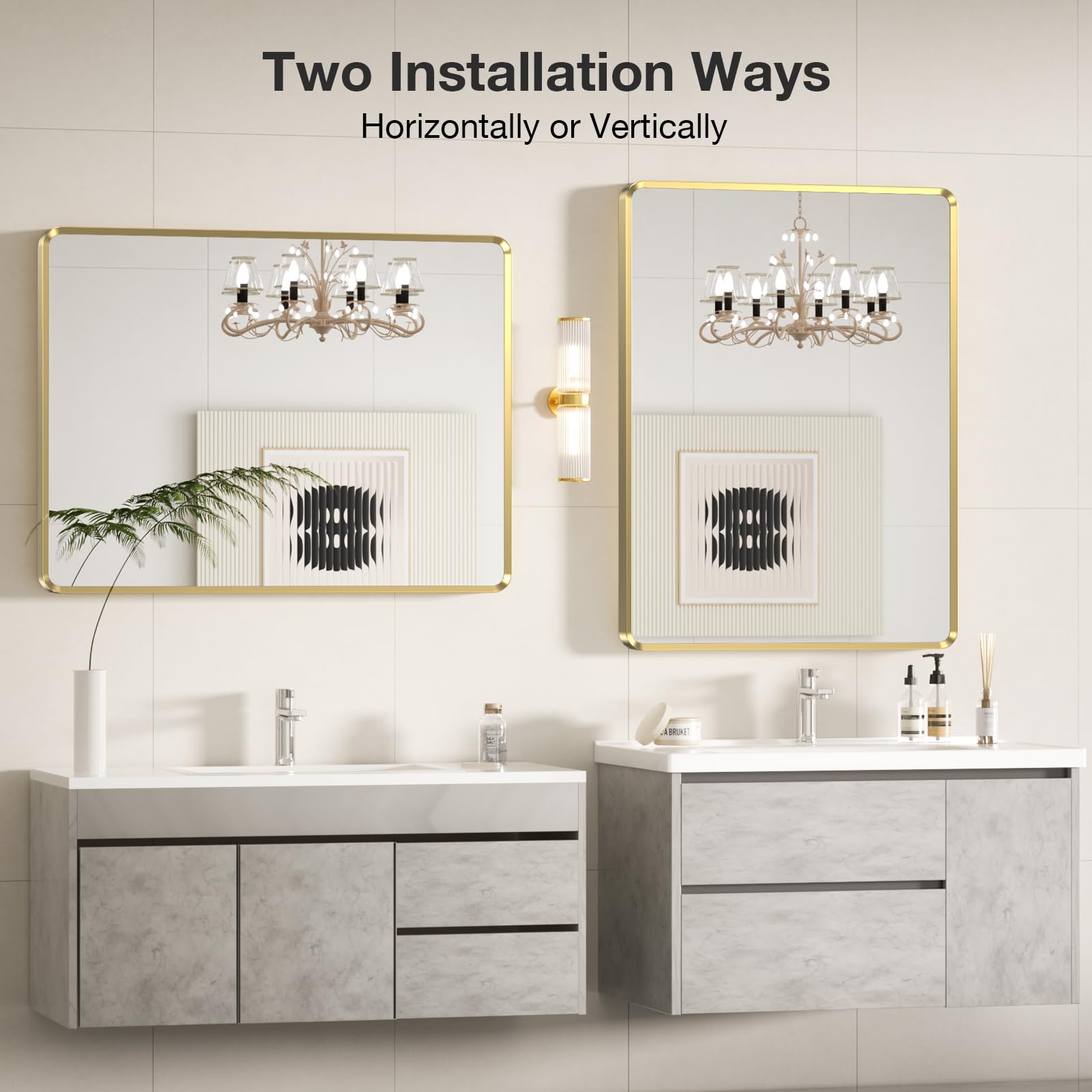 22x30 inch Gold Bathroom Mirror,Rounded Rectangle Gold Metal Framed, HD Tempered Glass, Horizontal or Vertical Hanging, Modern Bathroom Decor
