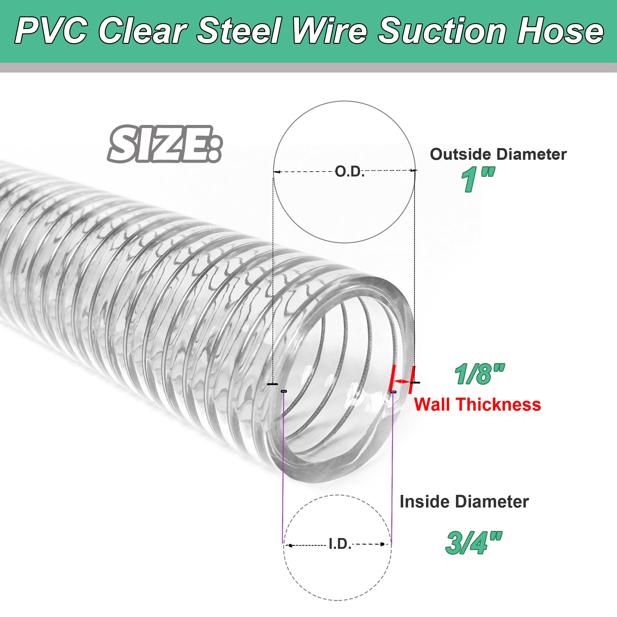 1"id-5ft PVC Reinforced Tubing Steel Wire Suction Flexible Hose Vinyl Tubing Heavy Duty PVC Vacuum Hose Drain Fuel Oil Gas Water for Marine Bilge Pump Pond Spa