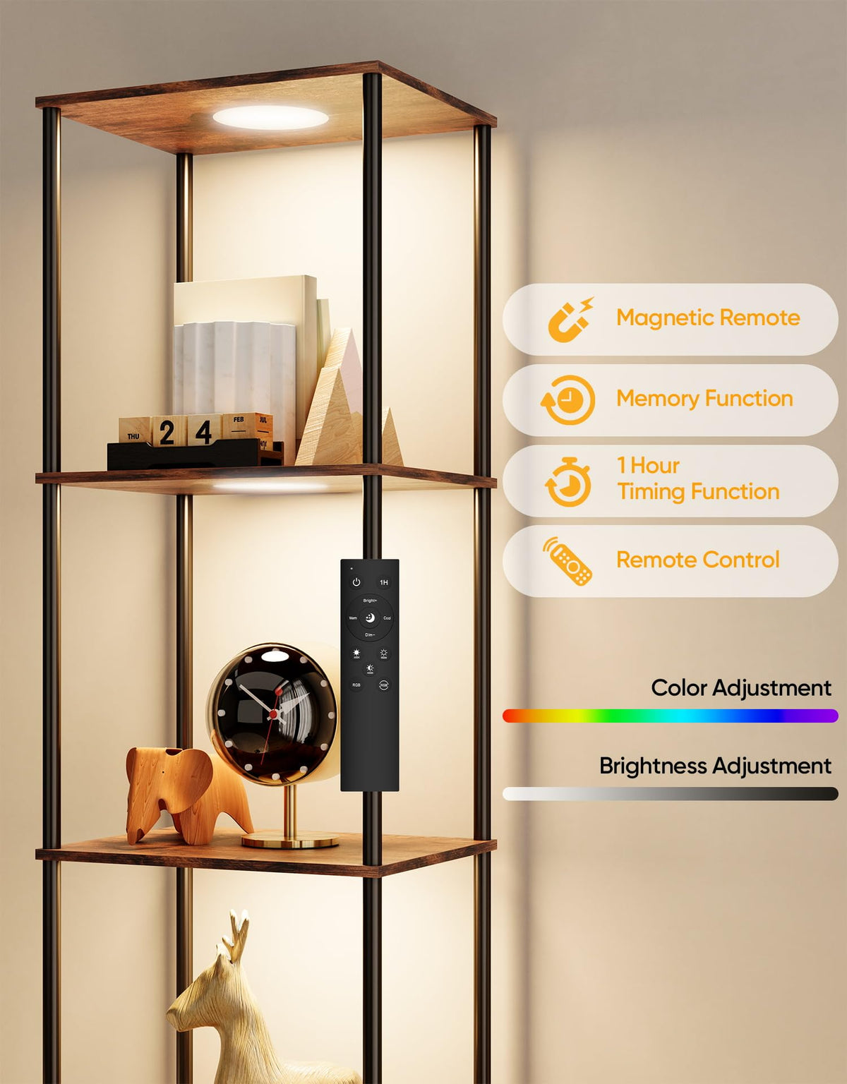 Display Shelf with RGBW Light, Color Changing Curio Cabinet Floor Lamp with Shelves Corner Standing Column Lamp Etagere Organizer Tower Nightstand Bookcase for Living Room Bedroom Office Décor Black
