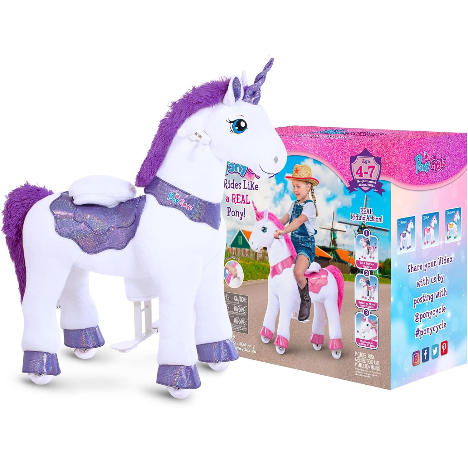 PonyCycle Ride on Toys Riding Black Horse Toys No Battery Required (with Brake/ 30" Height/Size 3) Pony Rider Walking Animals Rocking Horse Ride on Horse for Kids Riding Toys E338