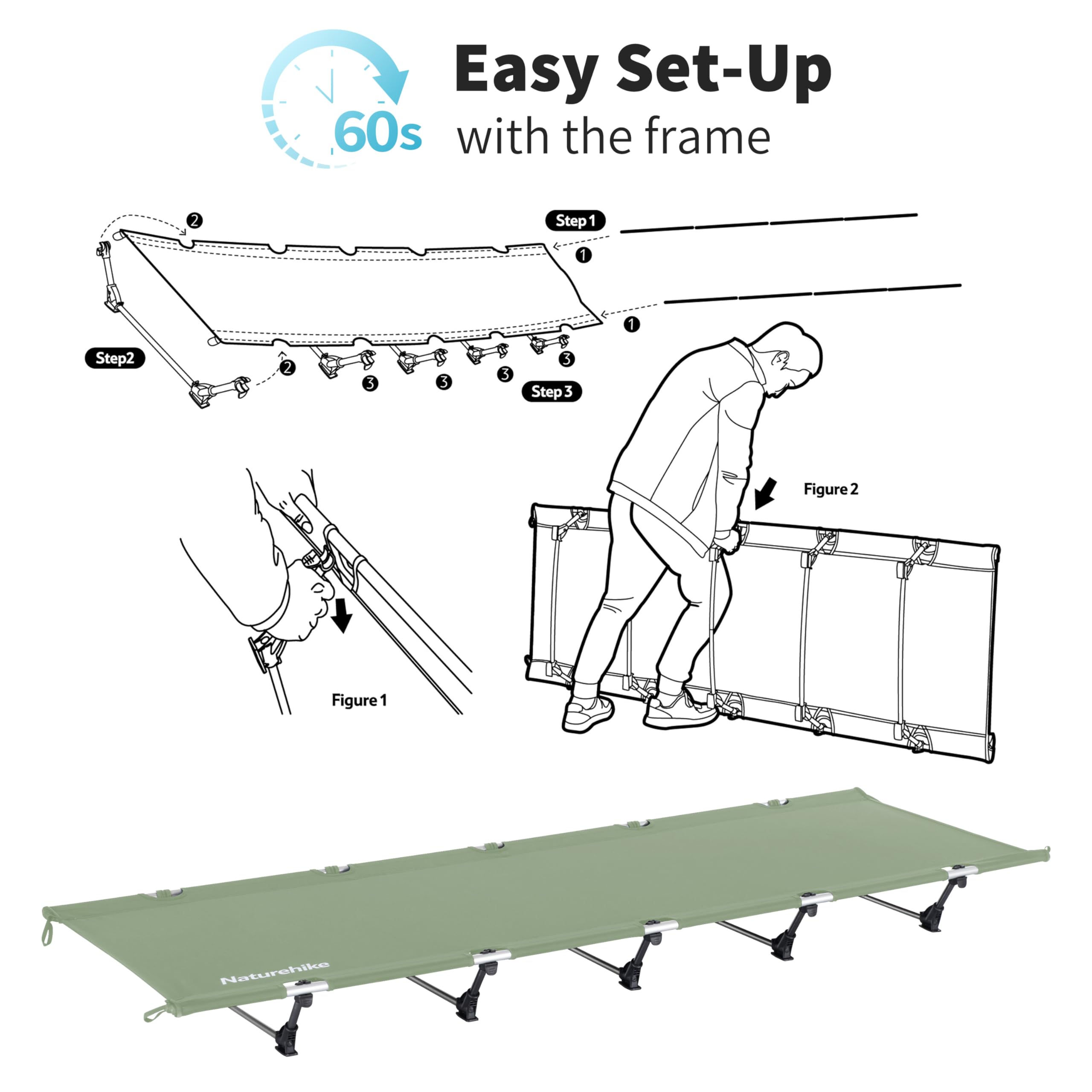 Naturehike Ultralight Camping Cot, Easy to Assemble Folding Tent Cot, Compact & Protable Camping Bed for Camping, Mountaineering, & Hiking, Supports 330lbs with Carry Bag, Kahki