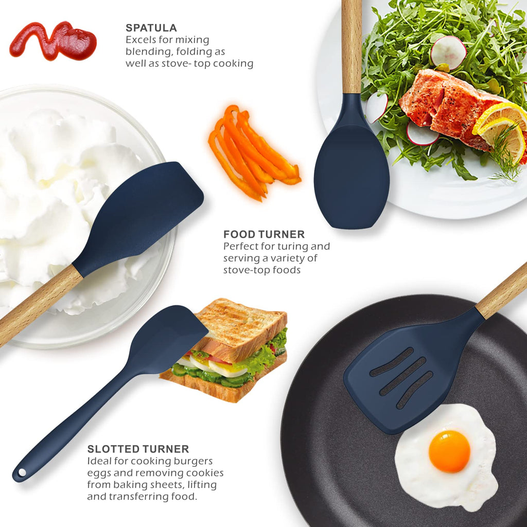 oannao Silicone Cooking Utensils Set - 446°F Heat Resistant Silicone Kitchen Utensils for Cooking,Kitchen Utensil Spatula Set w Wooden Handles, BPA FREE Gadgets for Non-Stick Cookware (Black)