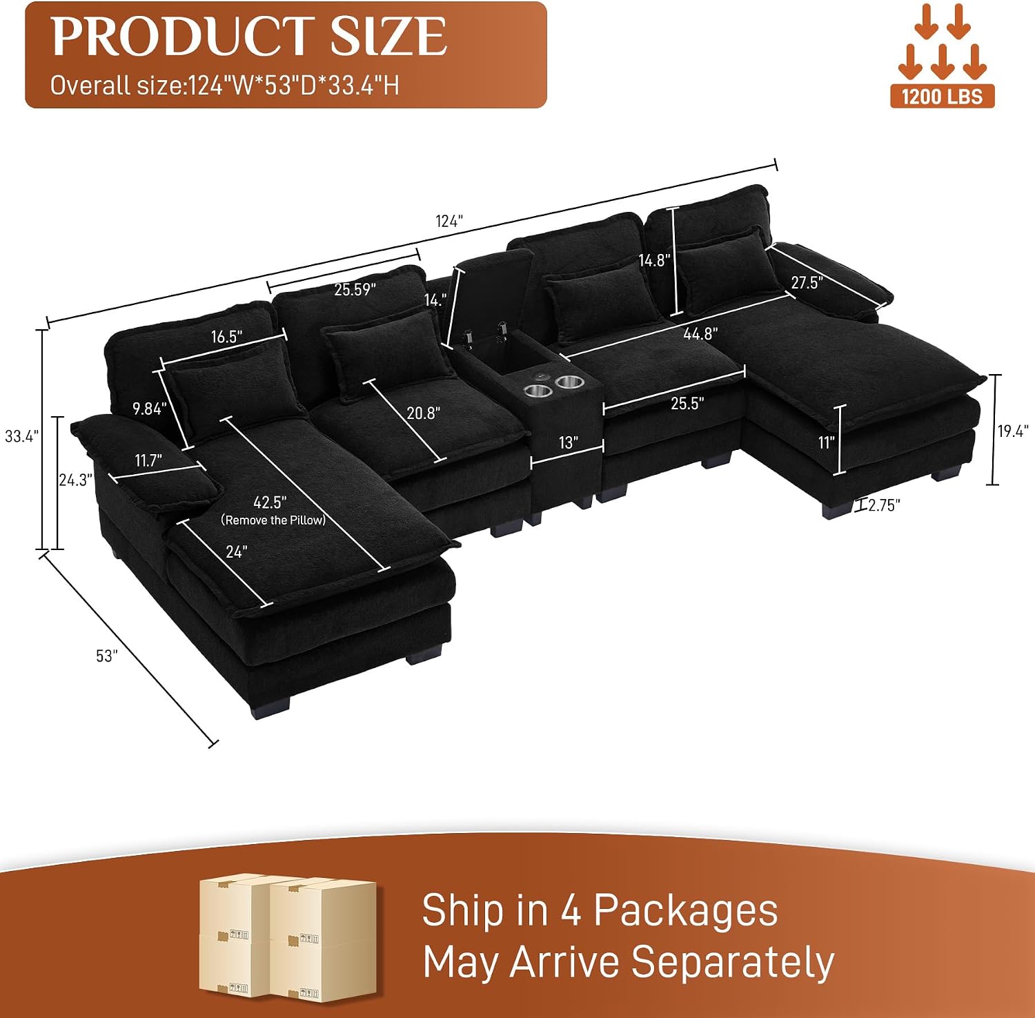 U Shaped Cloud Couch Sectional Sofa, 124" Comfy Fluffy Chenille Cloud Black Sectional Couches for Living Room with Double Chaise Lounge, Modern Modular Sofa with Central Console & USB Port