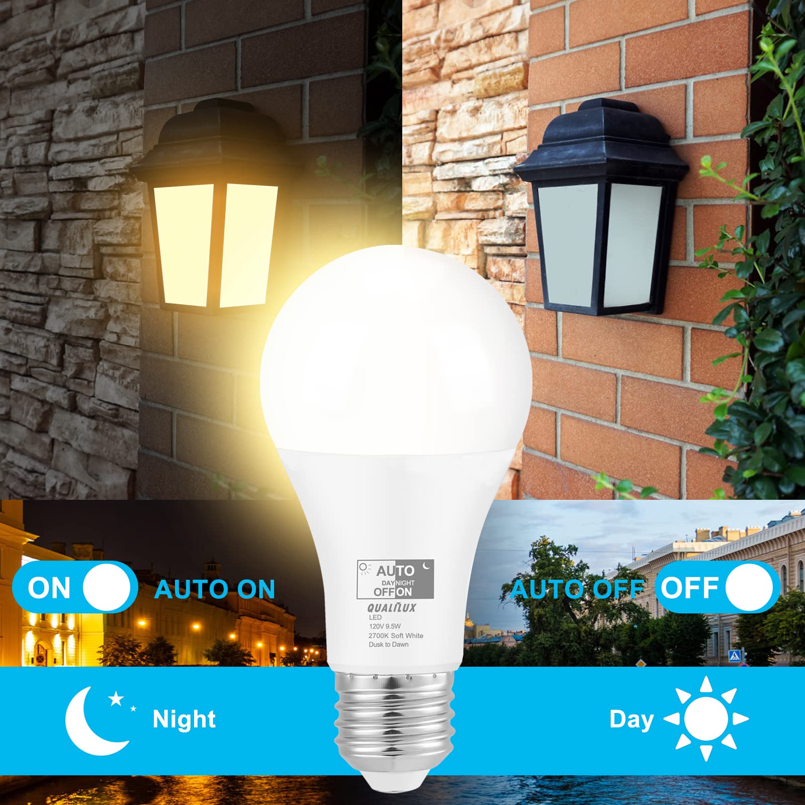 Qualilux Dusk to Dawn A19 LED Light Bulbs 850LM, 60W Equivalent, Daylight, Energy-Efficient 9.5W, A19, E26 Base, 2-Pack, HQ-H011
