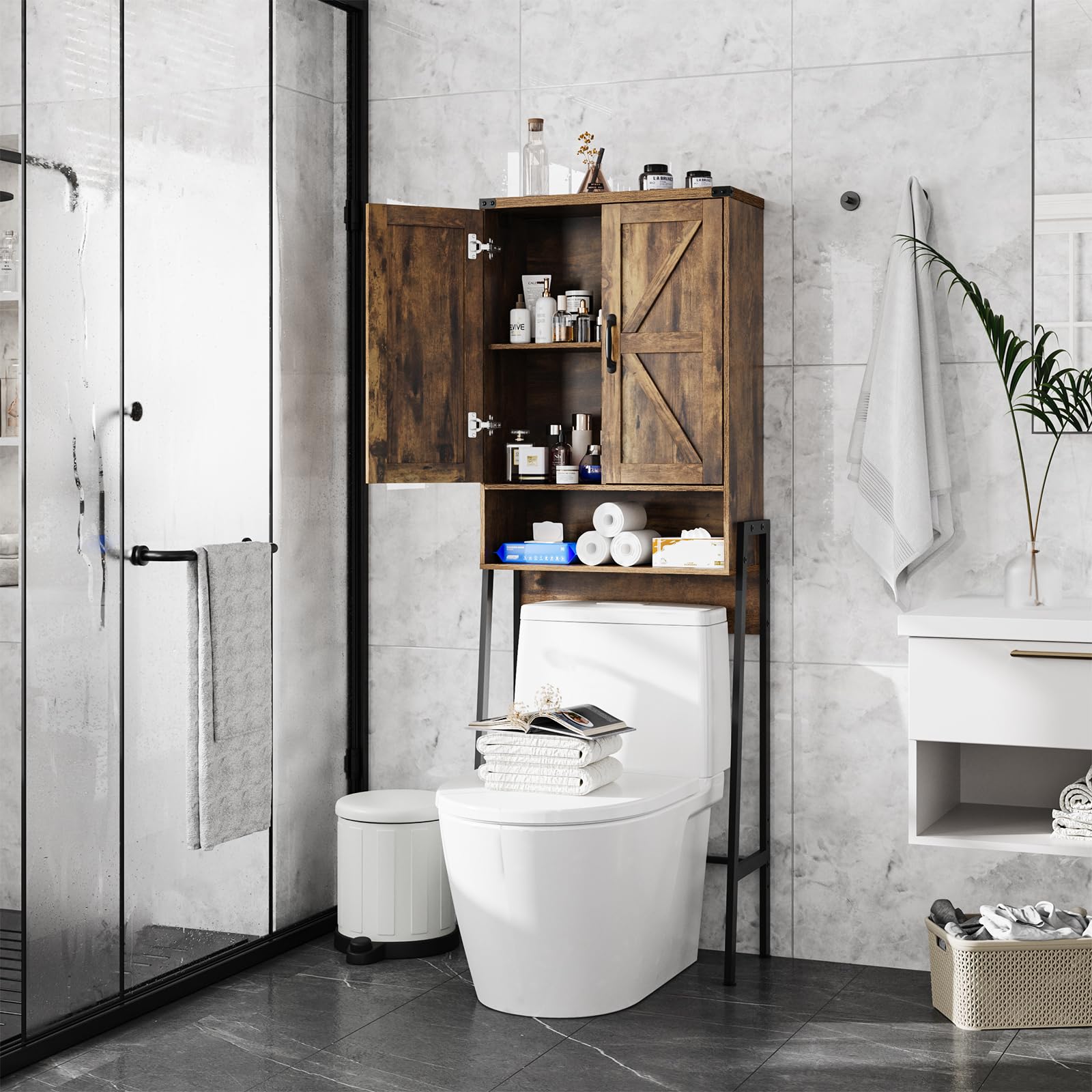 Vabches Over The Toilet Storage Cabinet with 2-Door Design Bathroom Organizers and Storage with Anti-Tip Device Over Toilet Organizer with Shelves for Bathroom,Restroom,Laundry Black