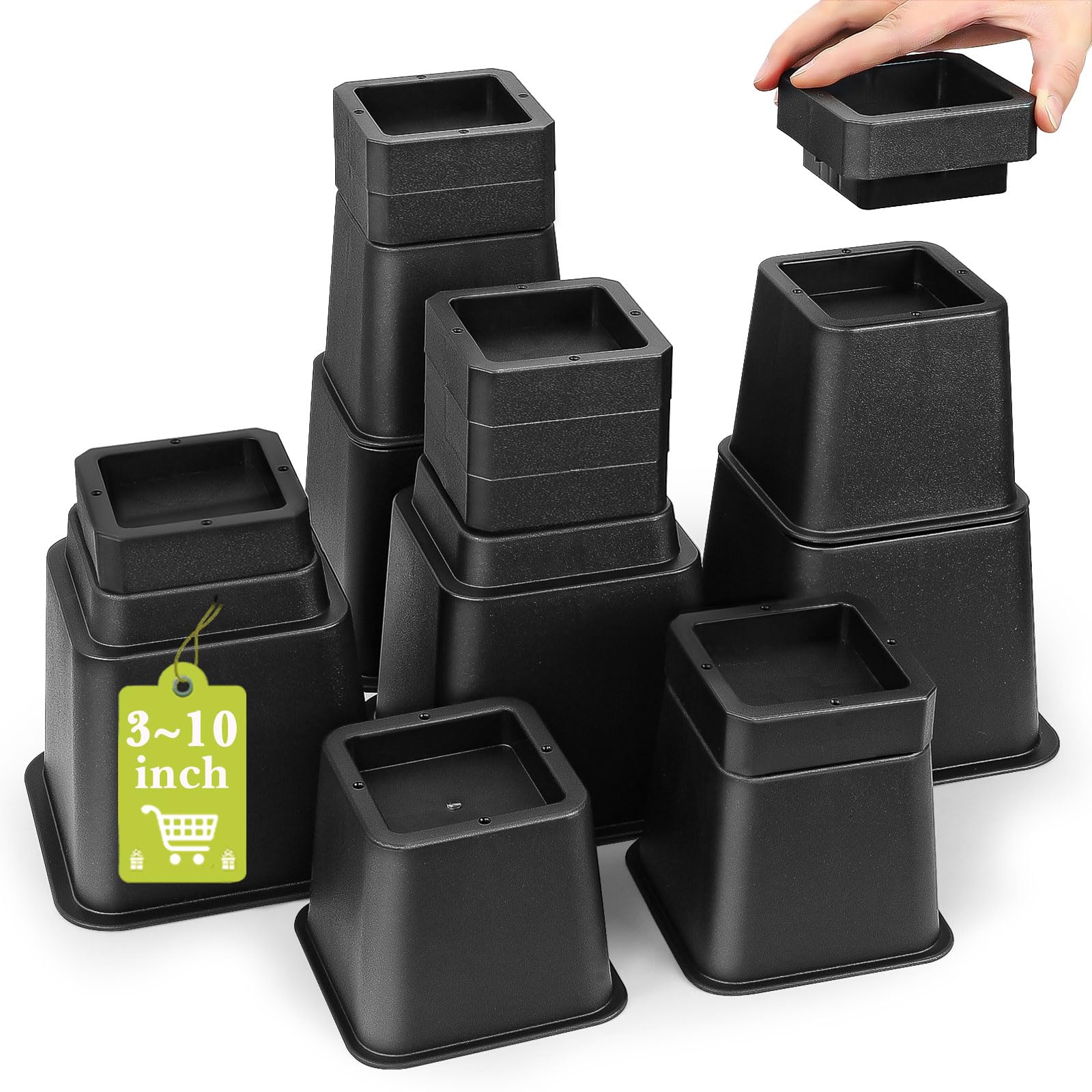 12 Pack Furniture Risers 1 Inch, Adjustable Bed Risers Heavy Duty for Table Desk Couch Chair Sofa Cabinet Bed Frame Dorm, Square Stackable Table Leg Risers Lift Height 1", 2" or 3", Black
