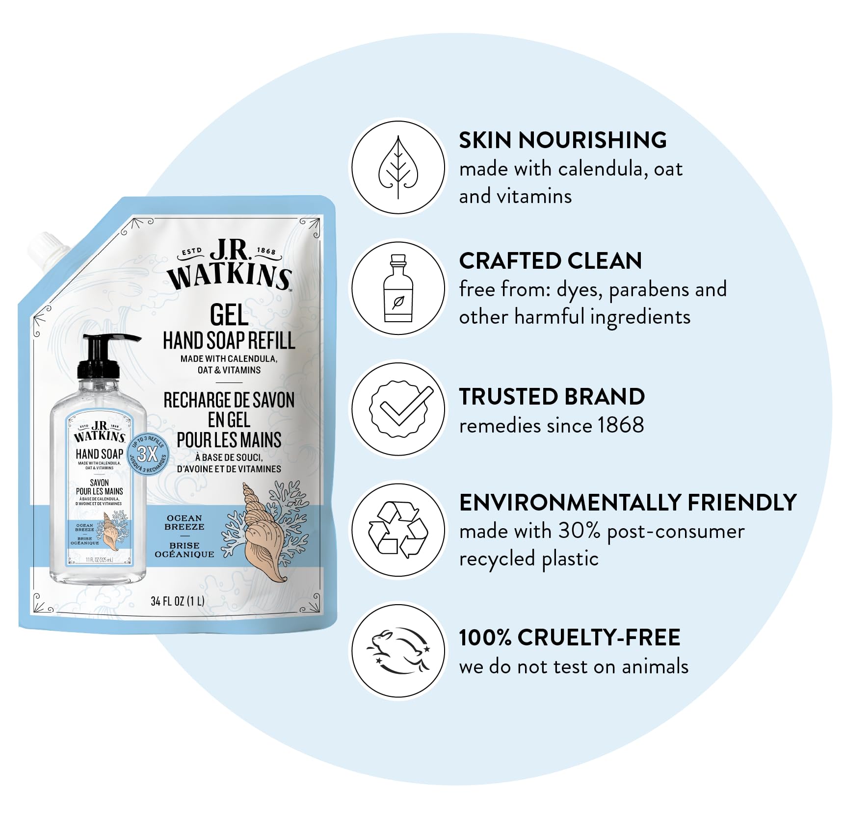J.R. Watkins Gel Hand Soap Refill, Moisturizing Hand Wash, Formulated with Plant-Based Cleansers, Alcohol-Free, Cruelty-Free, Aloe & Green Tea, 34 Fl Oz, 2 Pack