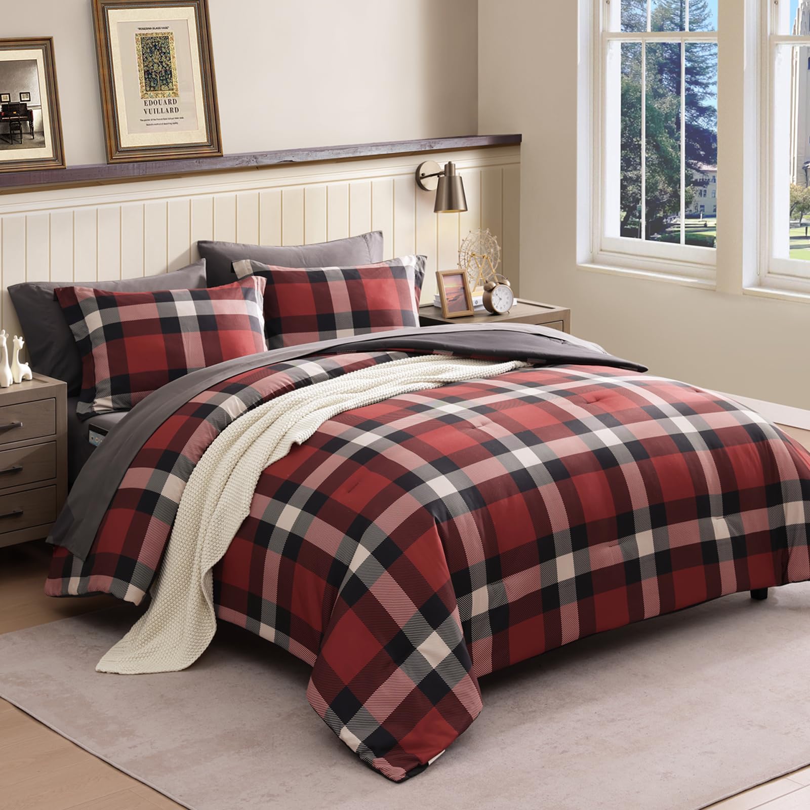 AMBERSPACE Plaid Twin XL Comforter Set Black, Reversible Checkered Bedding Set 5 Pieces for Boys Girls Teen, Lightweight Bed in a Bag for Dorm with Sheets, Pillowcase & Sham