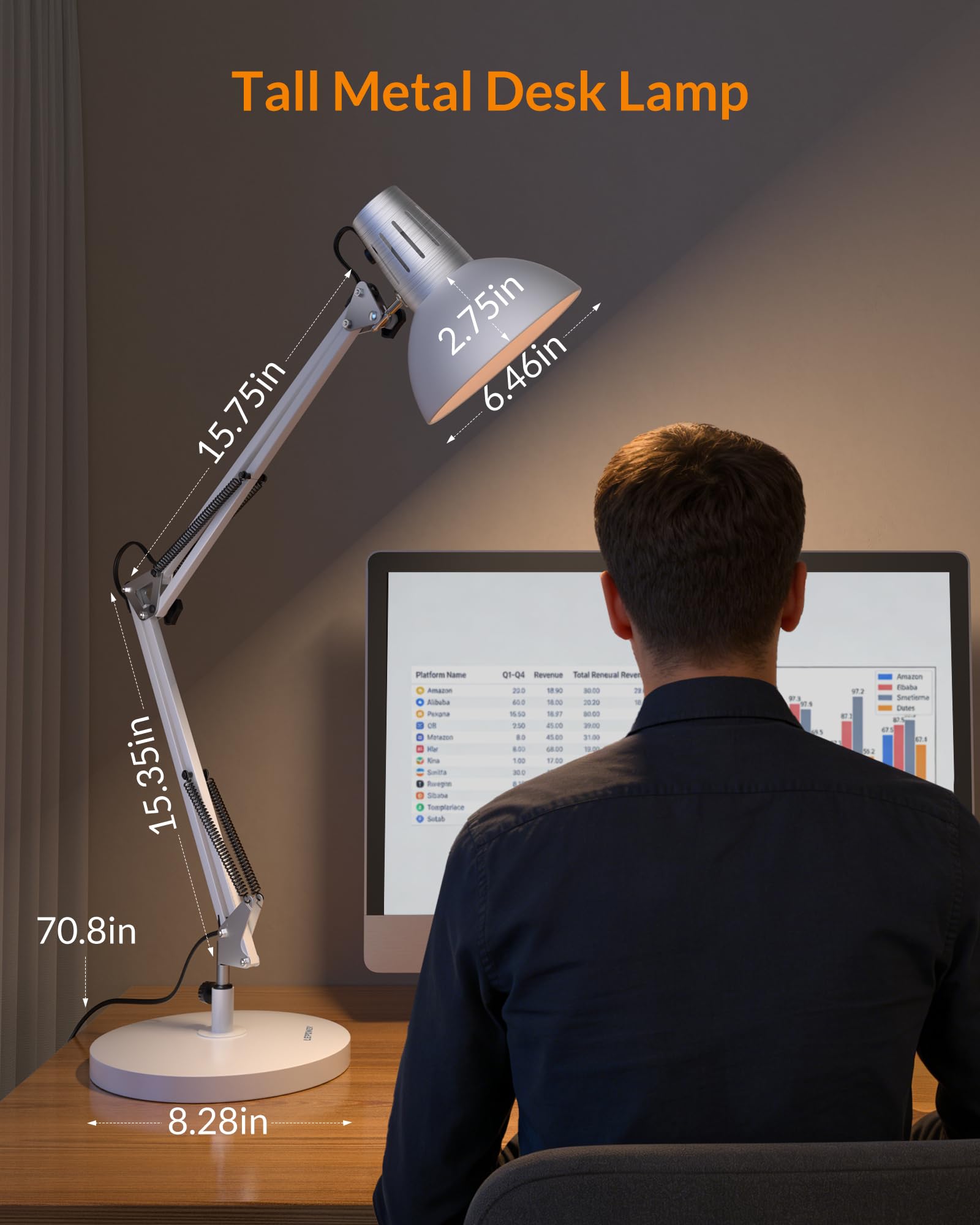 LEPOWER Metal Desk Lamp, Adjustable Goose Neck Architect Table Lamp with On/Off Switch, Swing Arm Desk Lamp with Clamp, Eye-Caring Reading Lamp for Bedroom, Study Room &Office (Sandy Black)