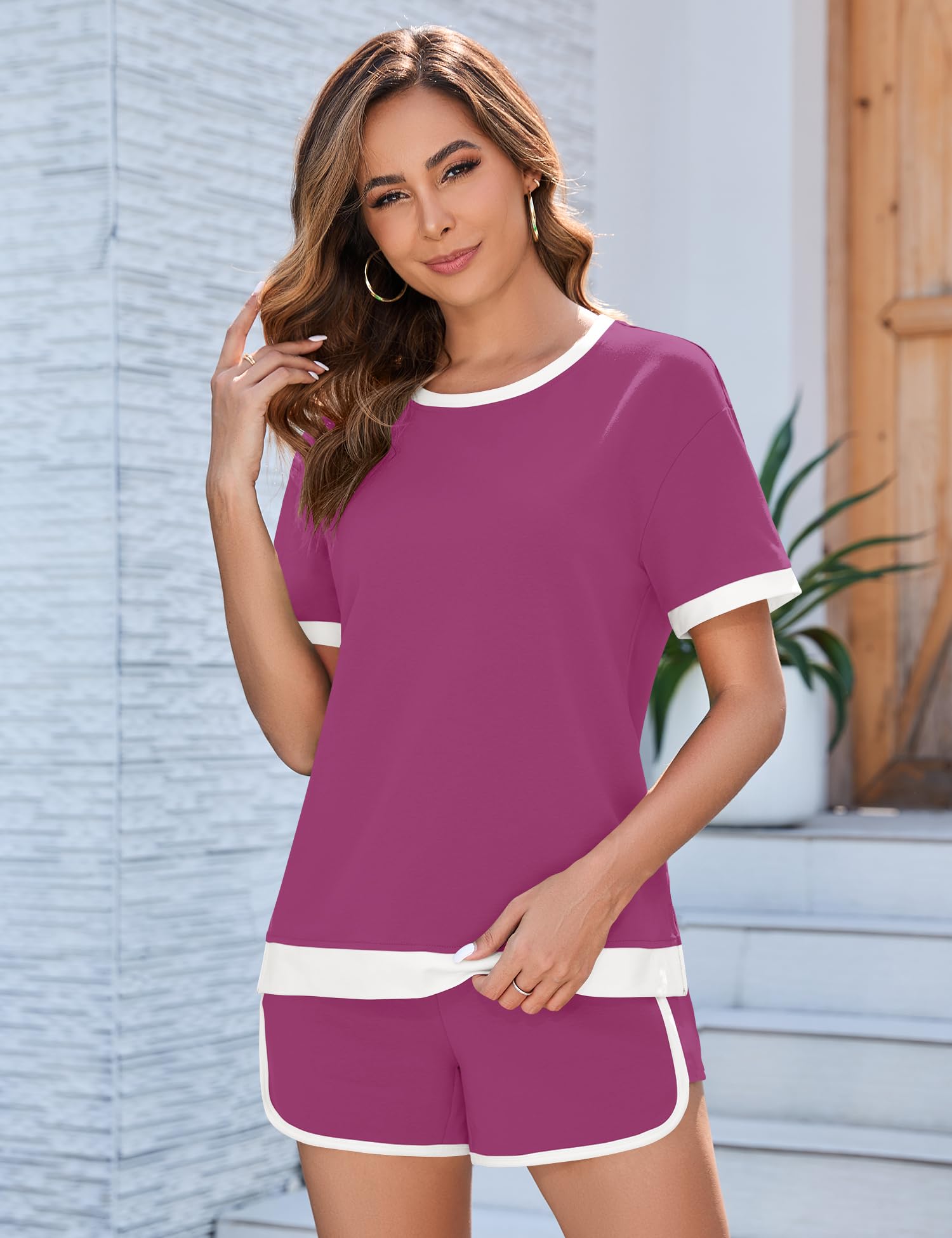 AKEWEI Shorts Sets Women 2 Piece Outfits Casual Short Sleeve Crewneck Tops and Drawstring Shorts Color Block Sets