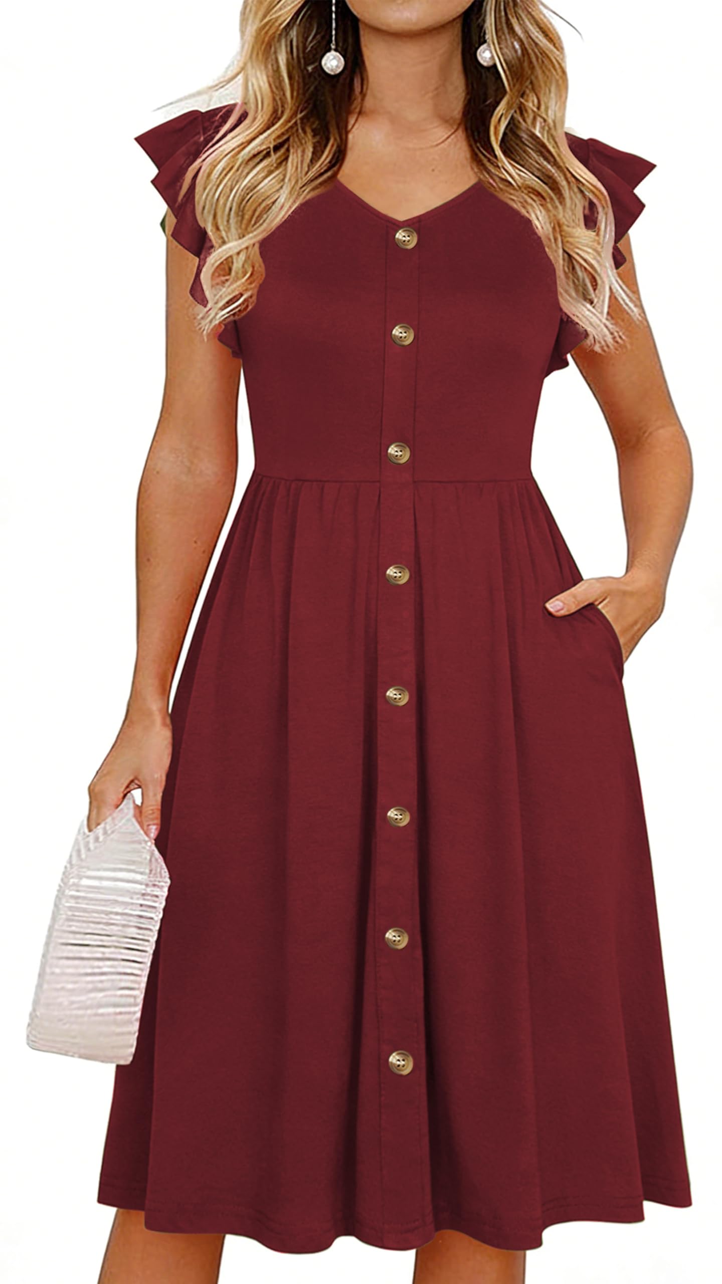 Lamilus Women's Casual Summer Dresses 2026 Ruffle Sleeves V-Neck Button Down Midi Swing Party Dress with Pockets