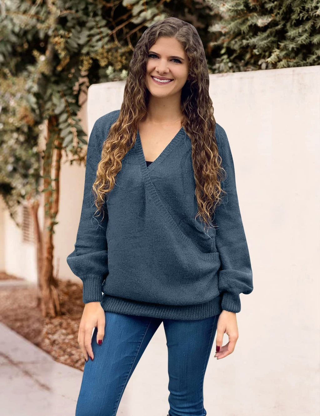 LookbookStore Women's Knit Long Sleeve Faux Wrap Surplice V Neck Sweater Top
