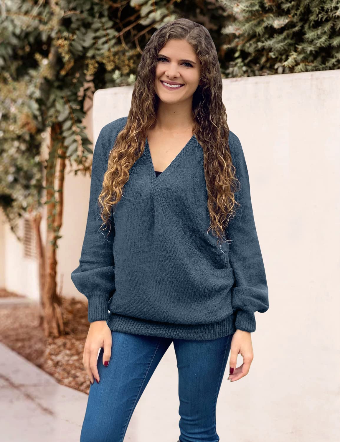 LookbookStore Women's Knit Long Sleeve Faux Wrap Surplice V Neck Sweater Top