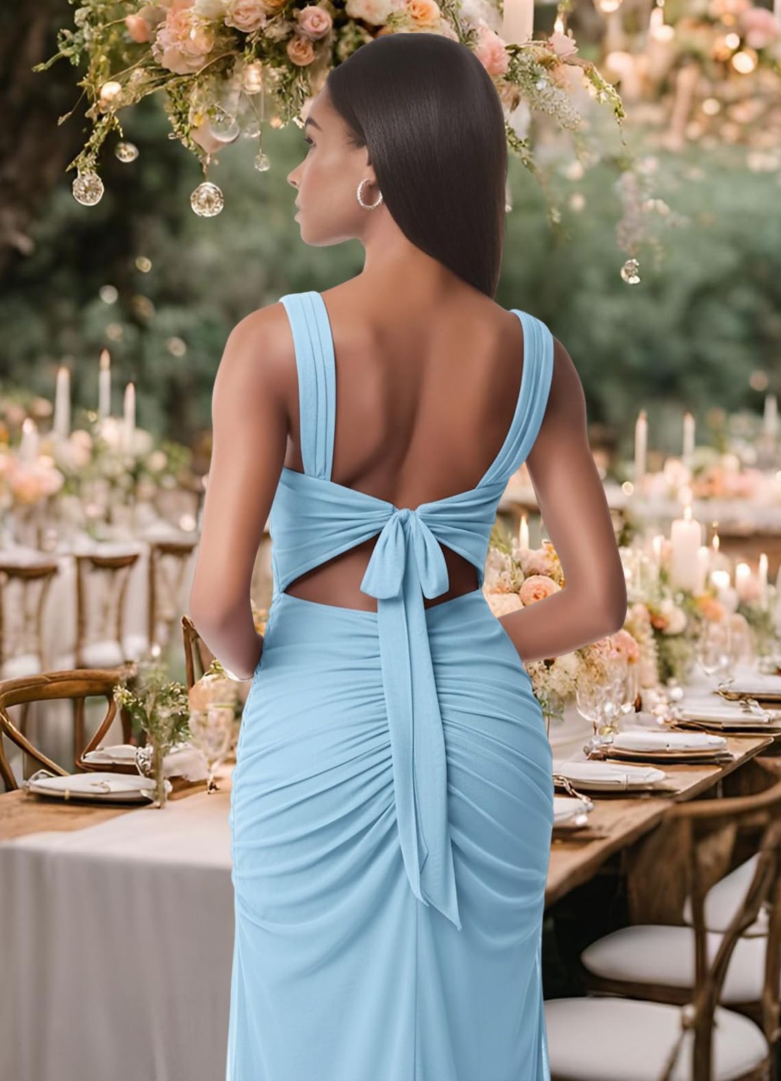 Women Sexy Mesh Tie Low Back Sleeveless Split Ruched Maxi Dress Party Cocktail Long Dress Wedding Guest Dresses