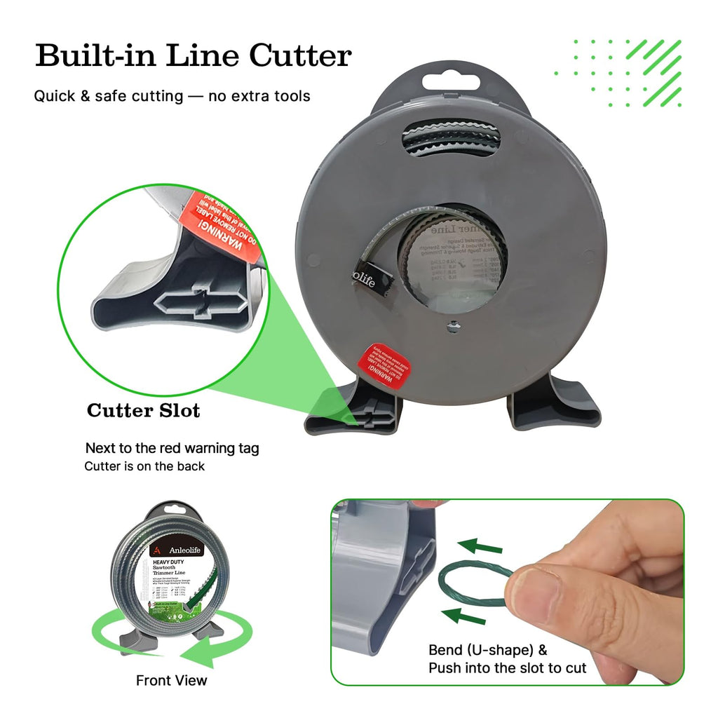 A Anleolife 1-Pound Heavy Duty Sawtooth 140-mil-by-108-ft Dual Core String Serrated Trimmer Line Donut for Walk Behind Wheeled Mowers with Built-in Line Cutter