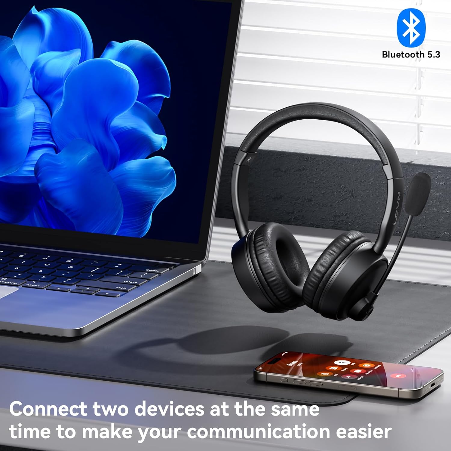 LEVN Bluetooth Headset, Bluetooth Headphones with Microphone (AI Cancelling), 60 Hrs Working Time Dual Connection Wireless Headset with Mic & Mute Button for Work/Phone/Call Center/PC