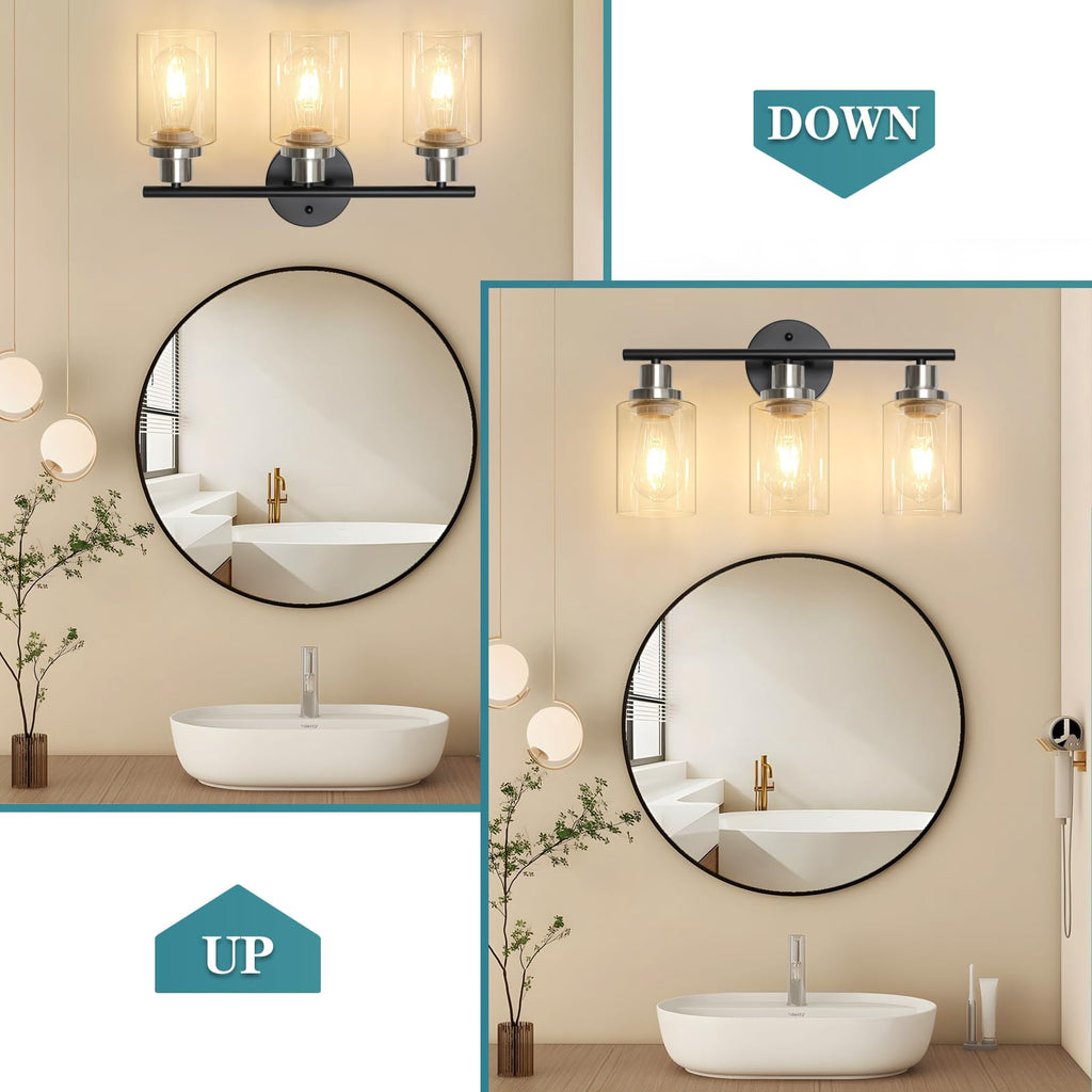 Unicozin 2 Pack Modern Bathroom Light Fixtures, 3 Light Vanity Lights, Black Wall Lamp with Clear Glass for Bathroom, Mirror, Living Room, Bedroom, Hallway, E26 Base
