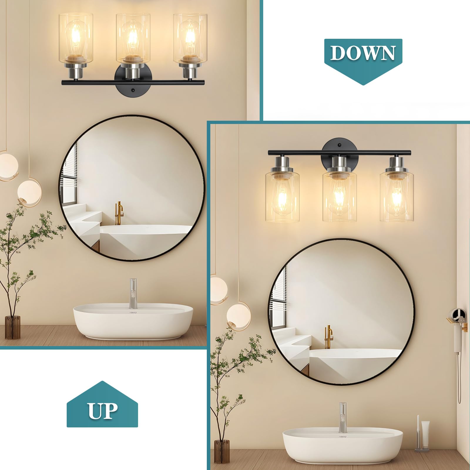 Unicozin 2 Pack Modern Bathroom Light Fixtures, 3 Light Vanity Lights, Black Wall Lamp with Clear Glass for Bathroom, Mirror, Living Room, Bedroom, Hallway, E26 Base